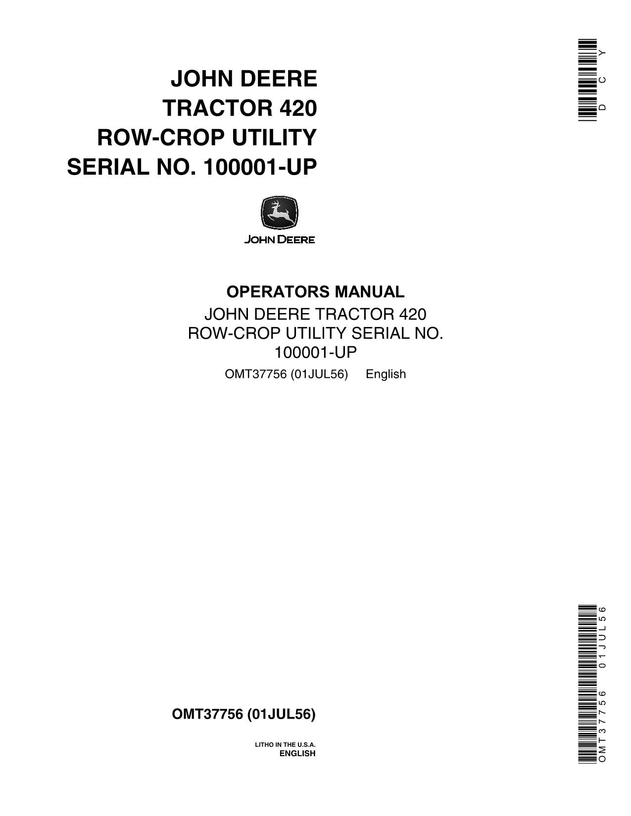 JOHN DEERE 420 TRAKTOR BEDIENUNGSANLEITUNG 100001-125000