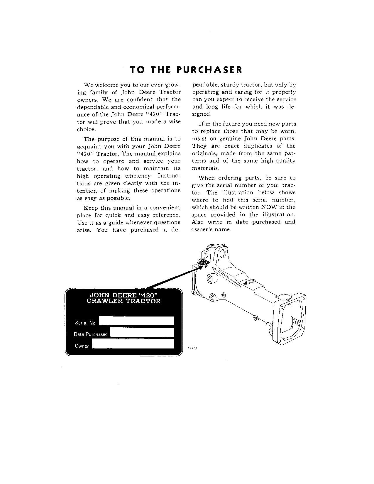 JOHN DEERE 420 TRACTOR OPERATORS MANUAL ser 125001- OMT42757