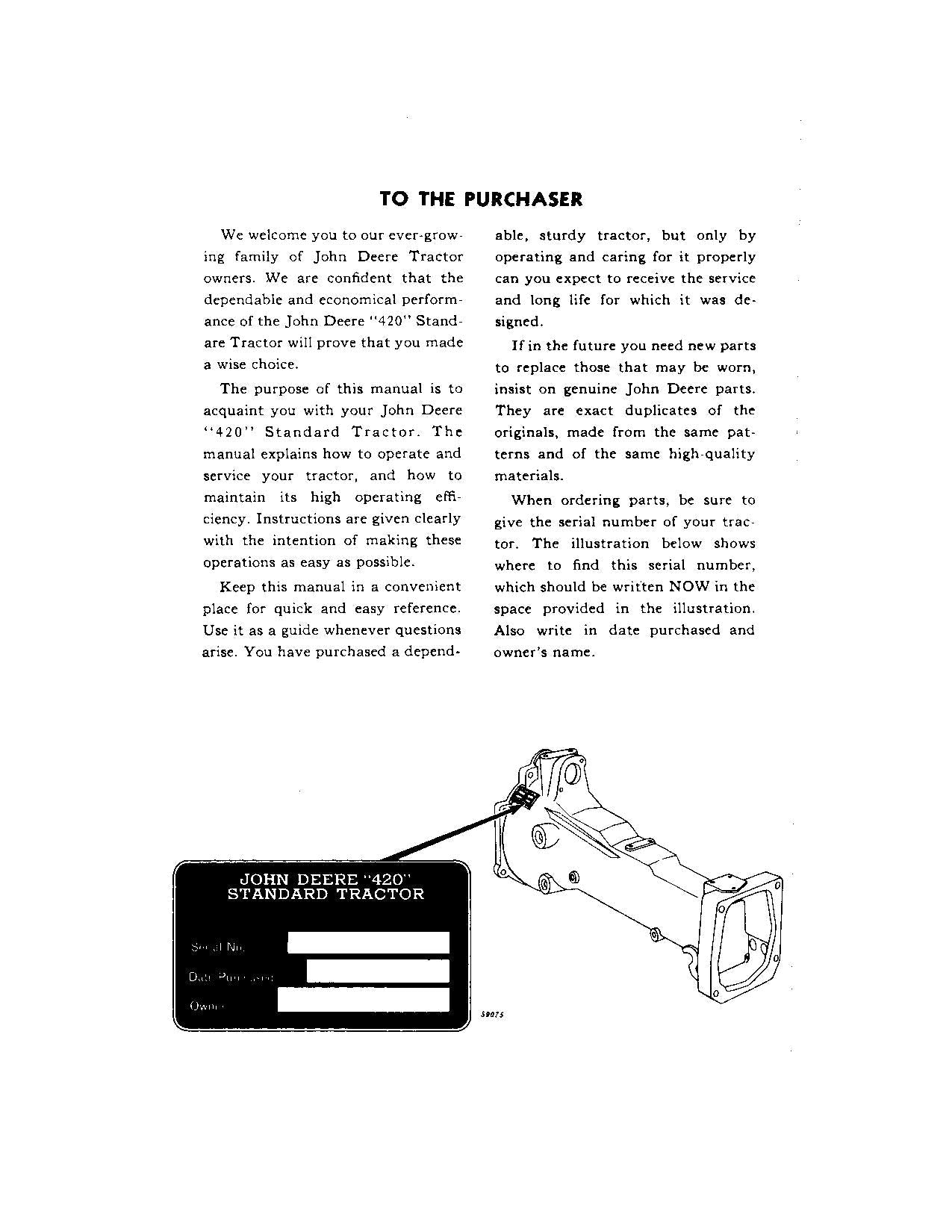 JOHN DEERE 420 TRACTOR OPERATORS MANUAL ser 125001- OMT44757