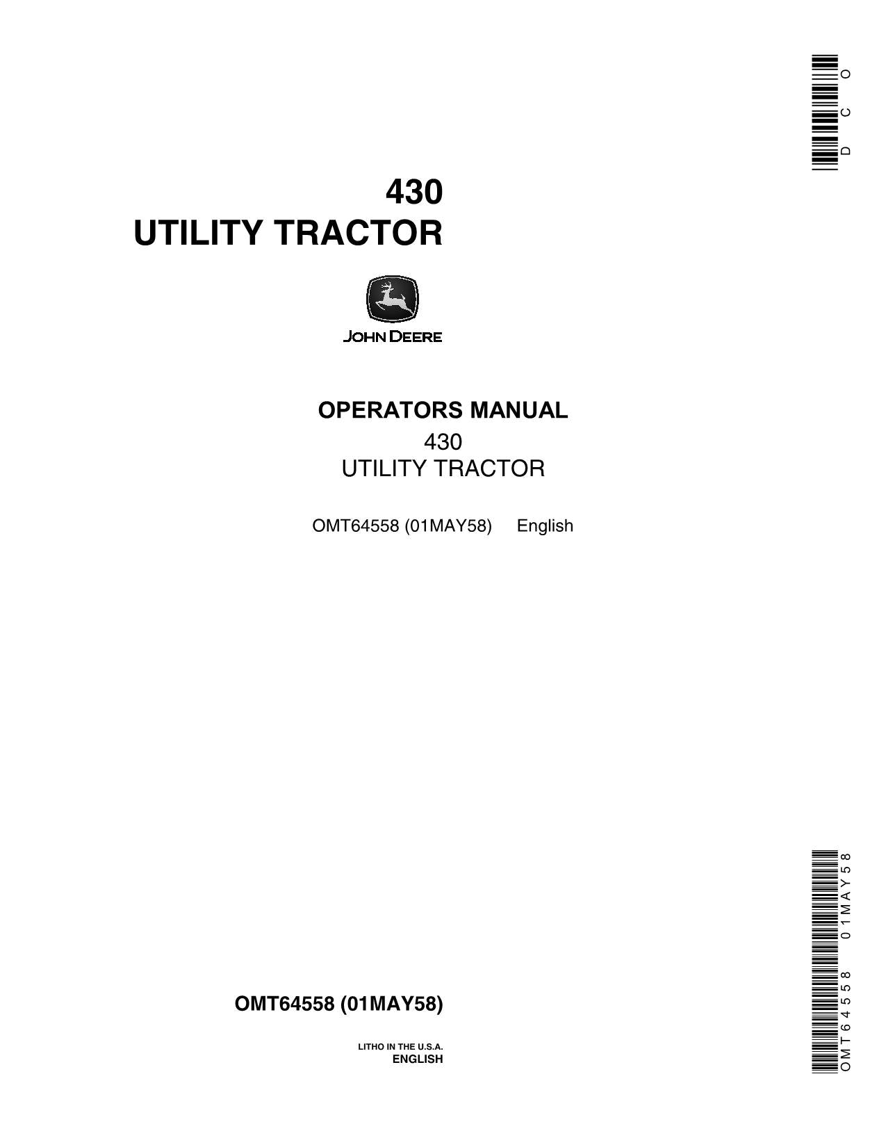 JOHN DEERE 430 TRACTOR OPERATORS MANUAL NORTH AMERICA