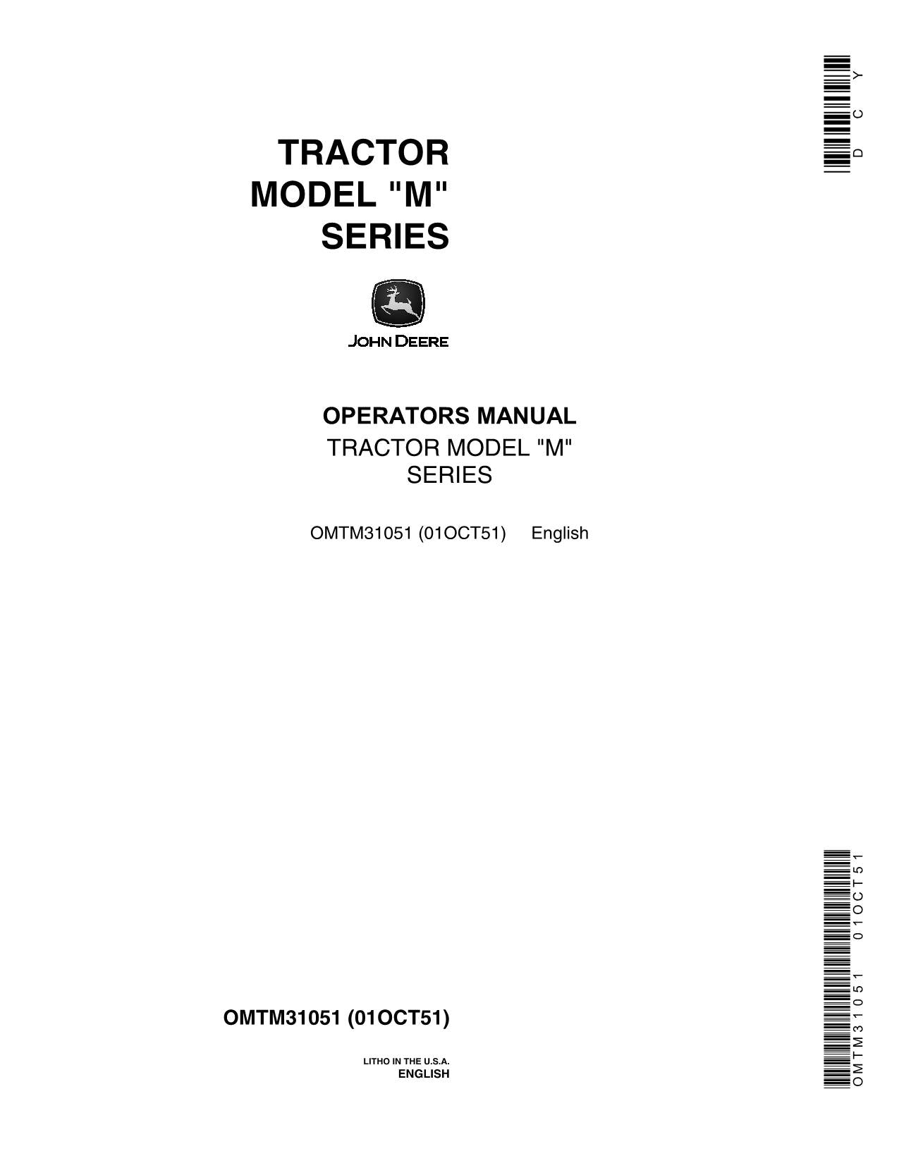 JOHN DEERE M TRACTOR OPERATORS MANUAL