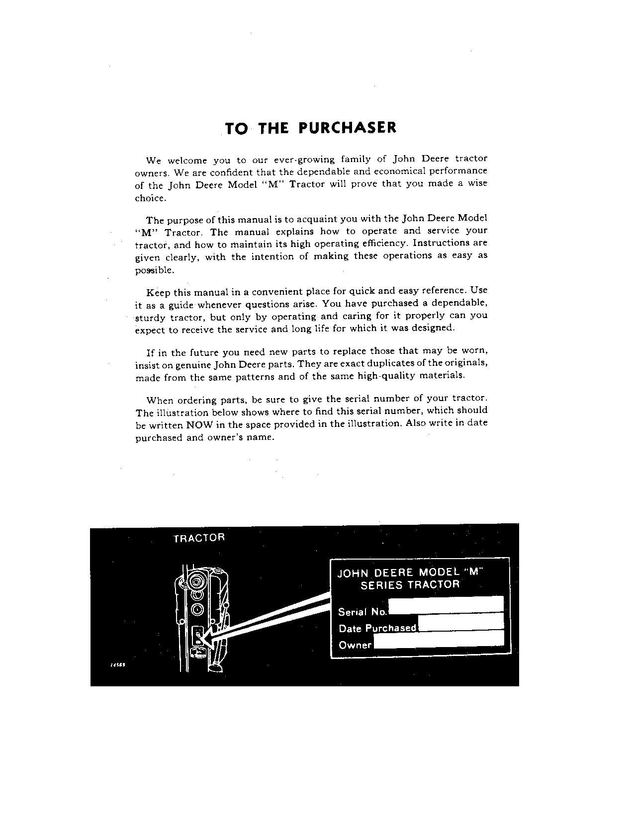 JOHN DEERE M TRACTOR OPERATORS MANUAL