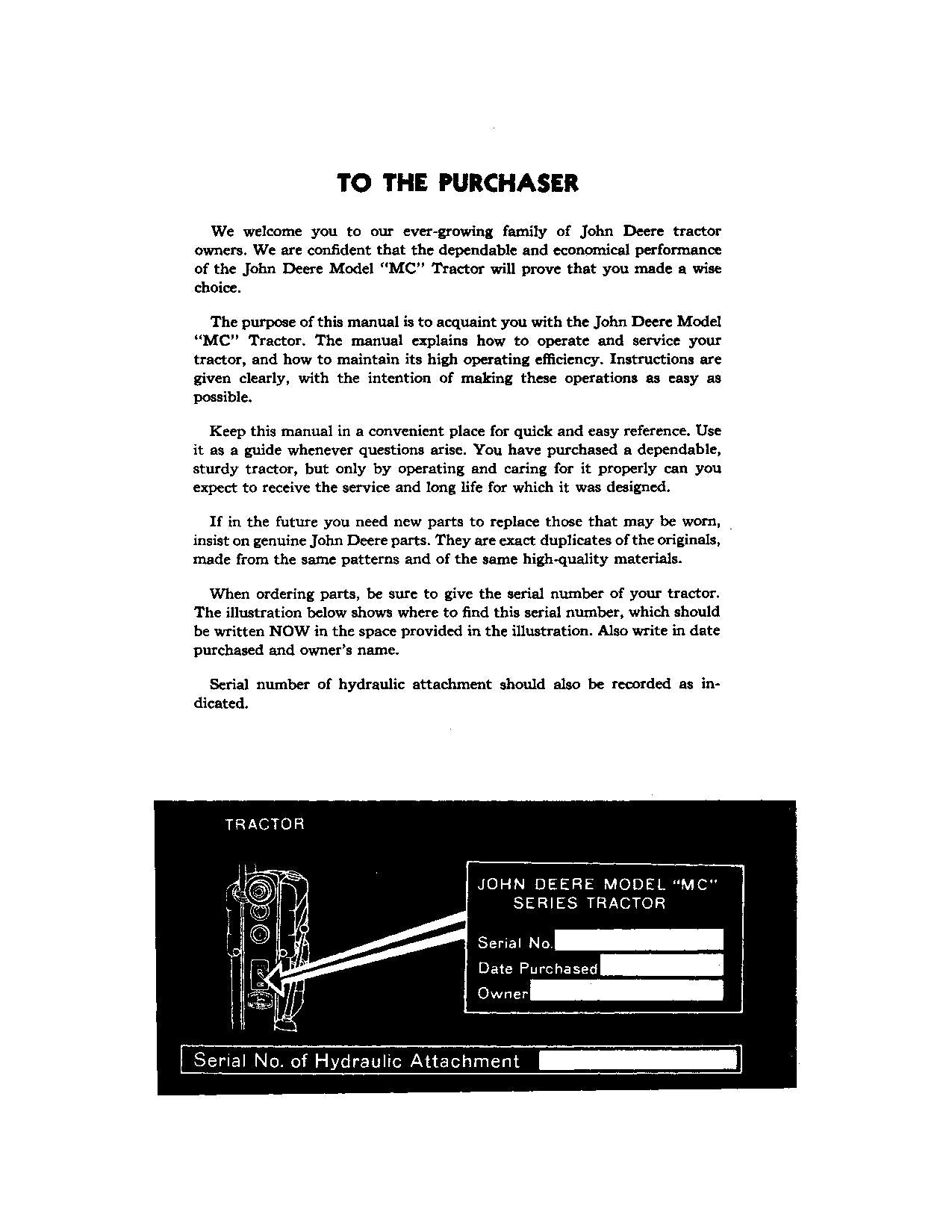 JOHN DEERE MC TRACTOR OPERATORS MANUAL