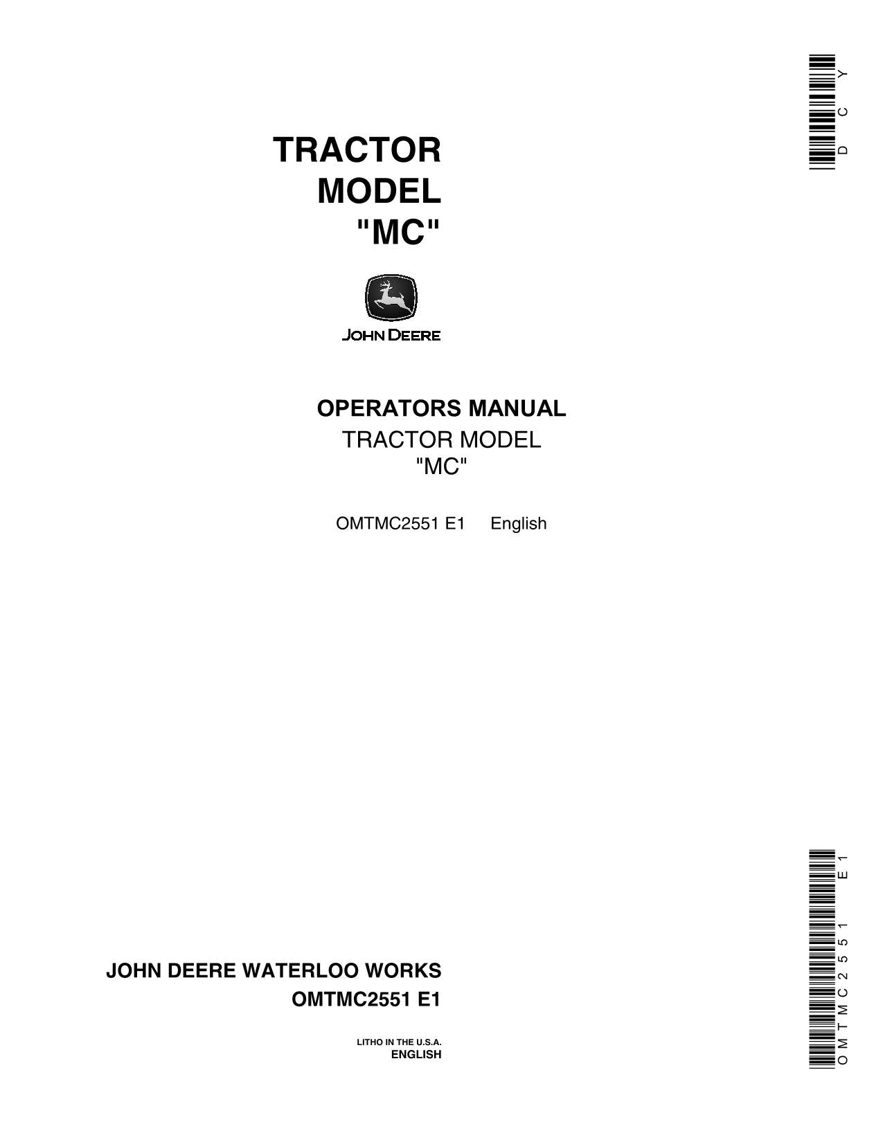 JOHN DEERE MC TRACTOR OPERATORS MANUAL