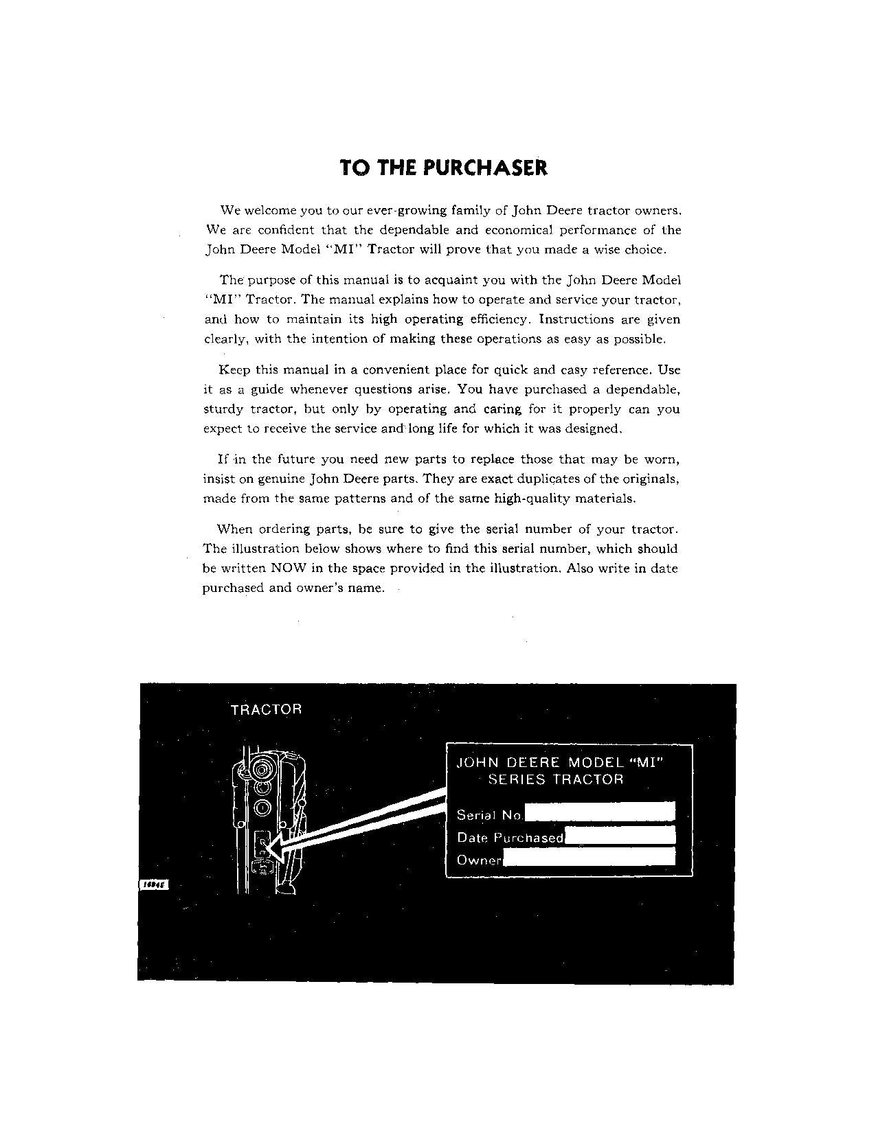 JOHN DEERE MI TRACTOR OPERATORS MANUAL