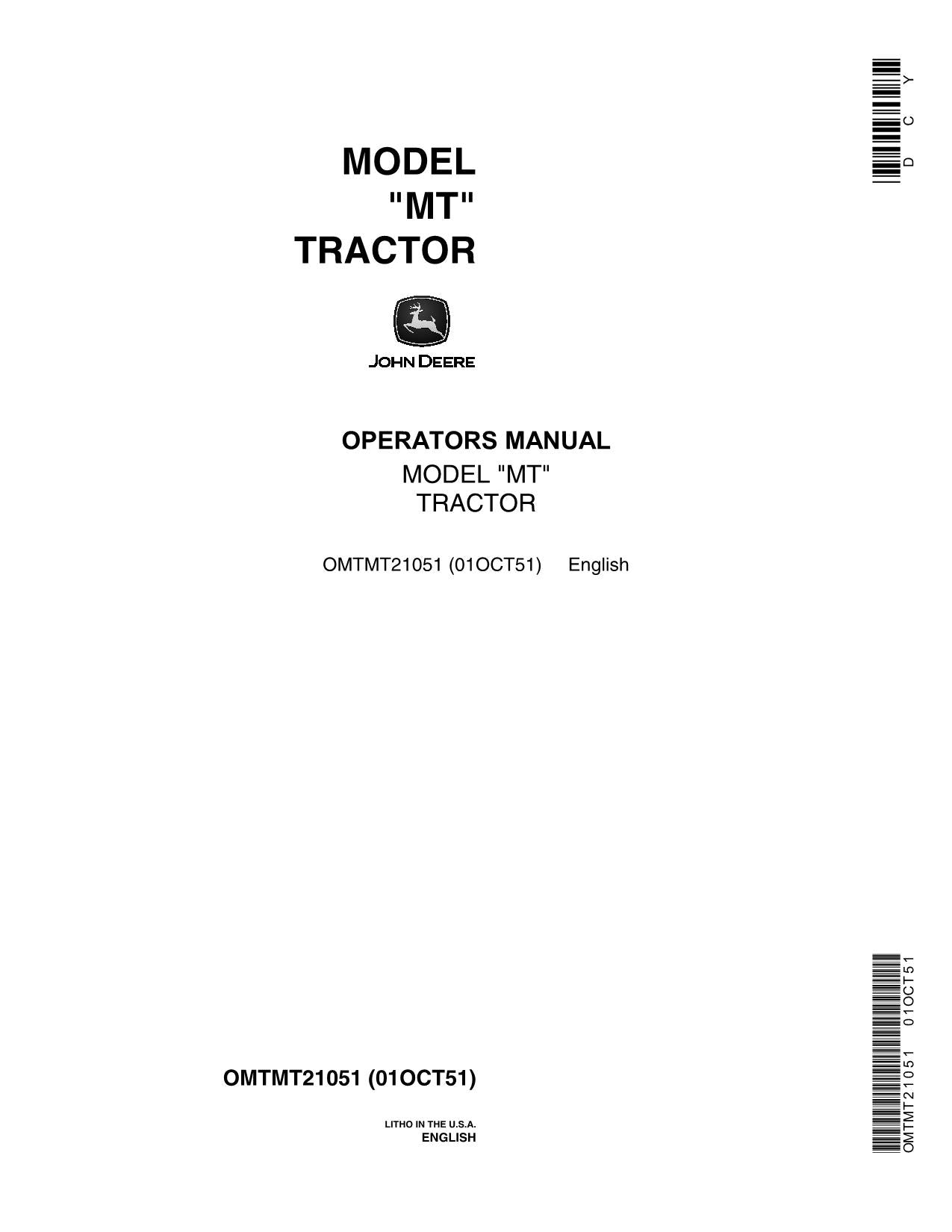 JOHN DEERE MT TRACTOR OPERATORS MANUAL