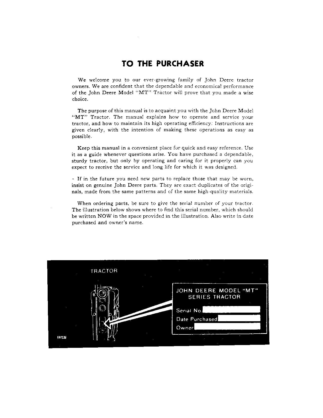 JOHN DEERE MT TRACTOR OPERATORS MANUAL