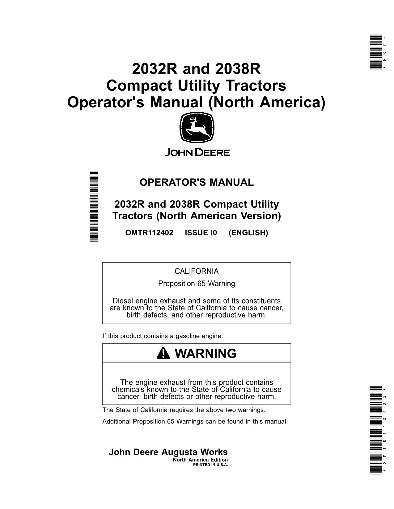 JOHN DEERE 2032R  2038R TRACTOR OPERATORS MANUAL