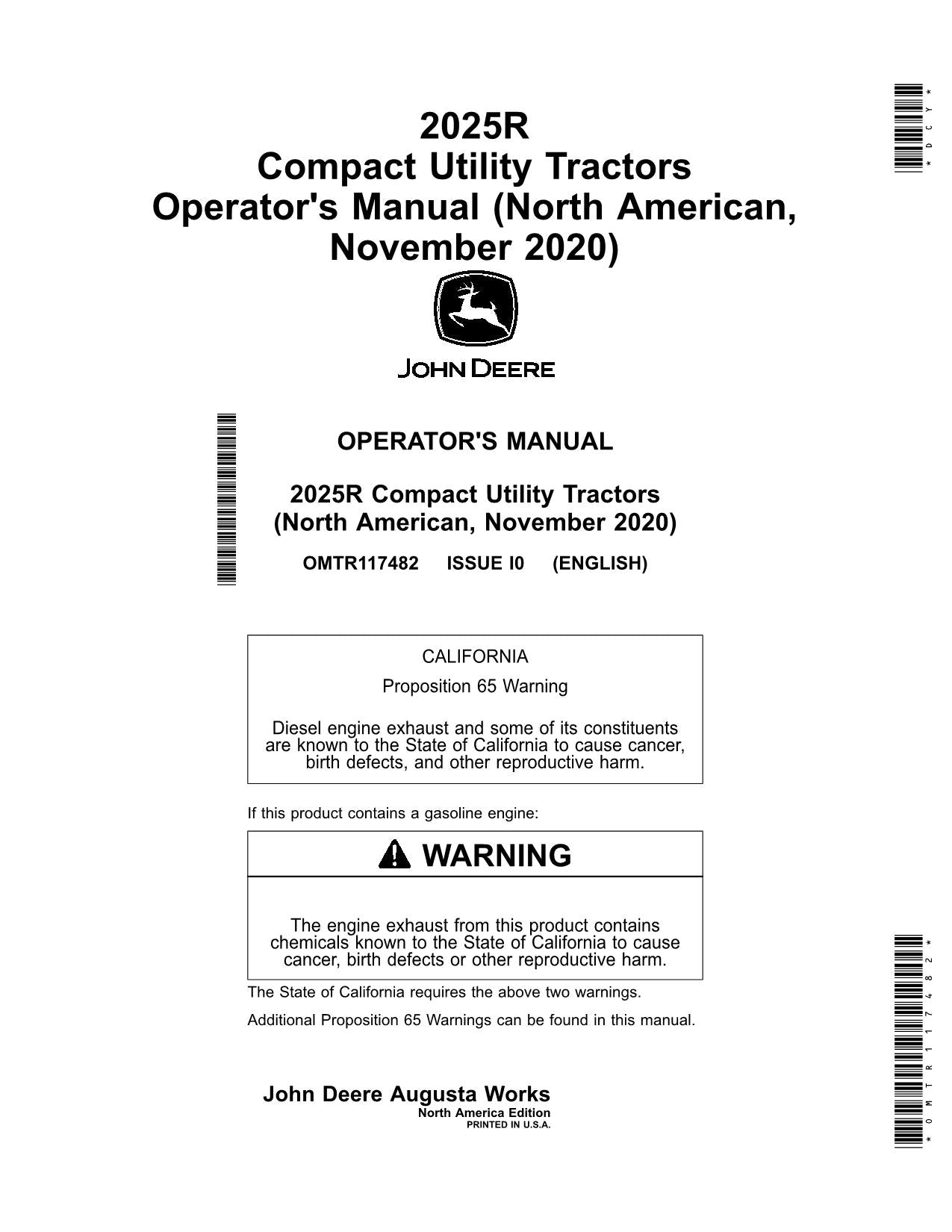 JOHN DEERE 2025R TRACTOR OPERATORS MANUAL November 2020-