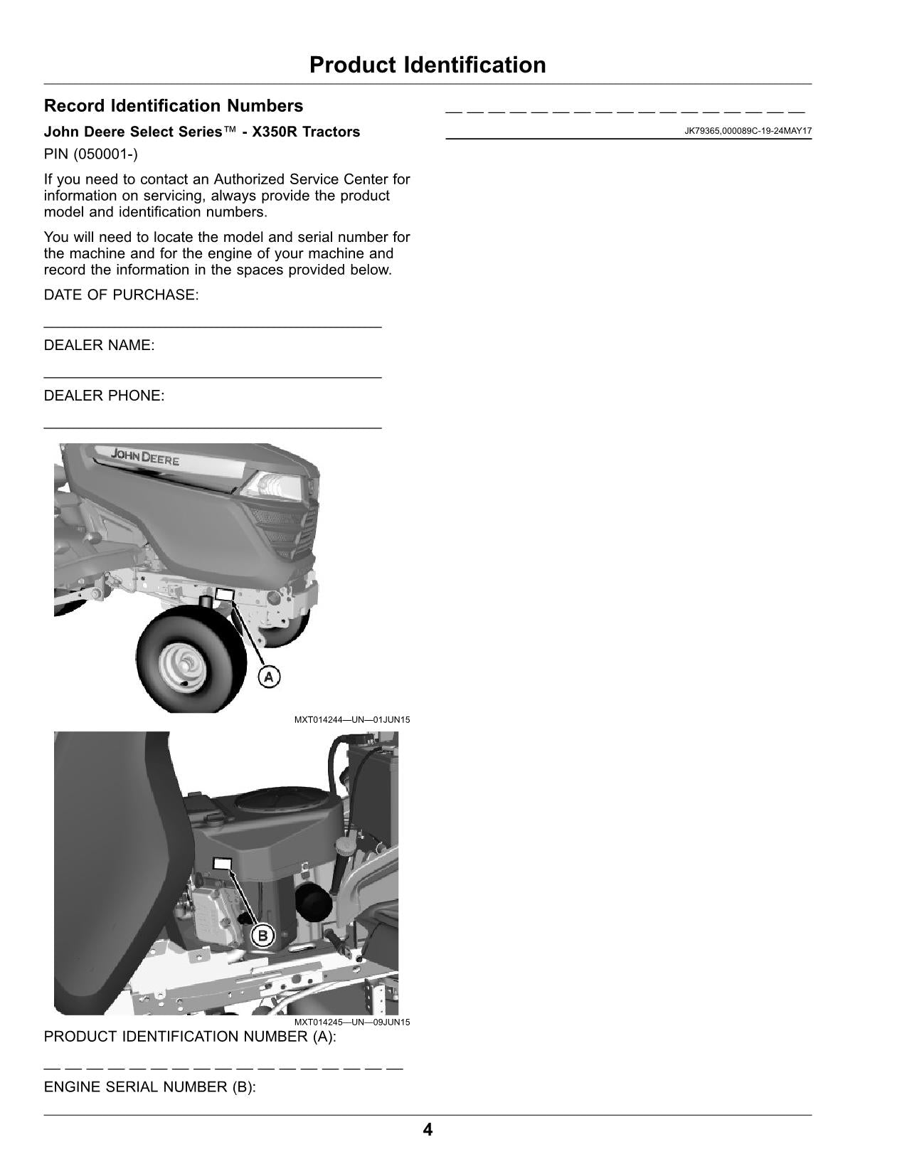 MANUEL D'UTILISATION DU TRACTEUR JOHN DEERE X350R 050001-