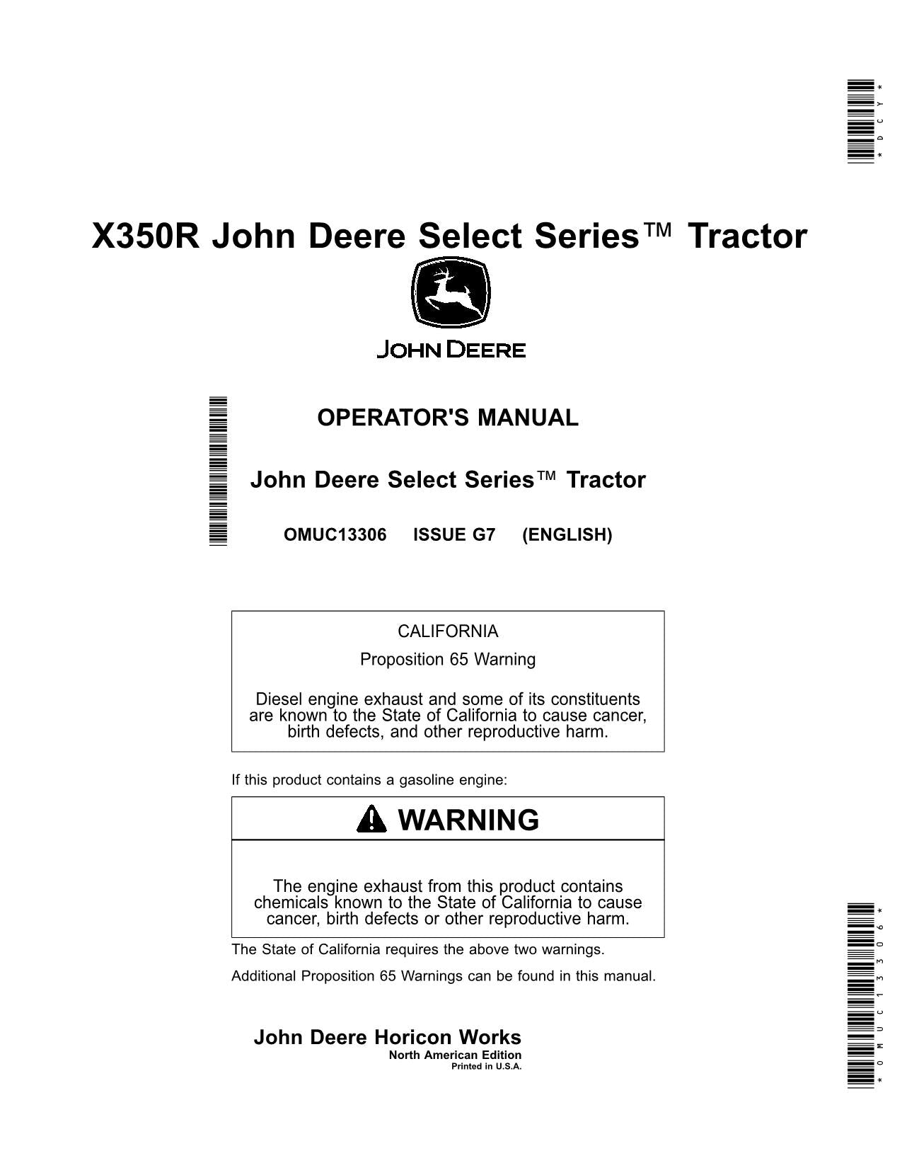 MANUEL D'UTILISATION DU TRACTEUR JOHN DEERE X350R 050001-