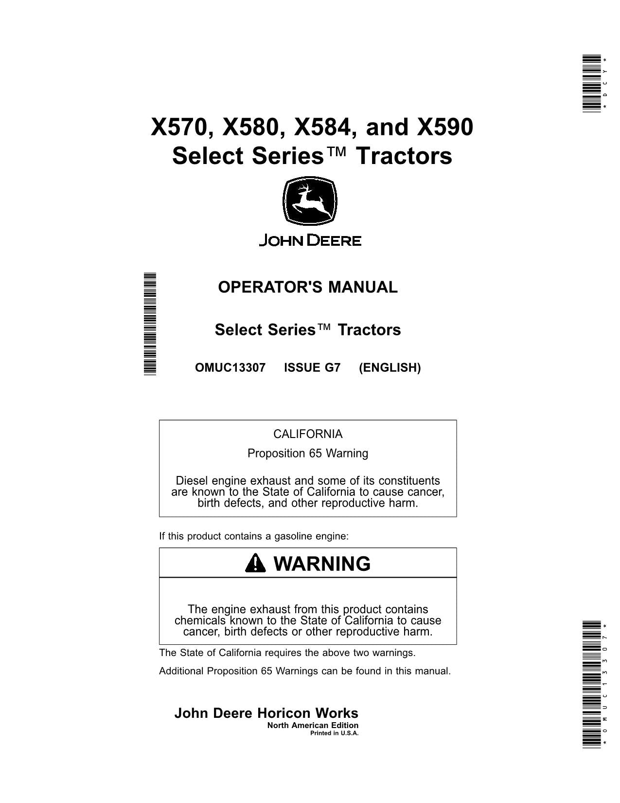 JOHN DEERE X570  X580  X584  X590 TRACTOR OPERATORS MANUAL130001-