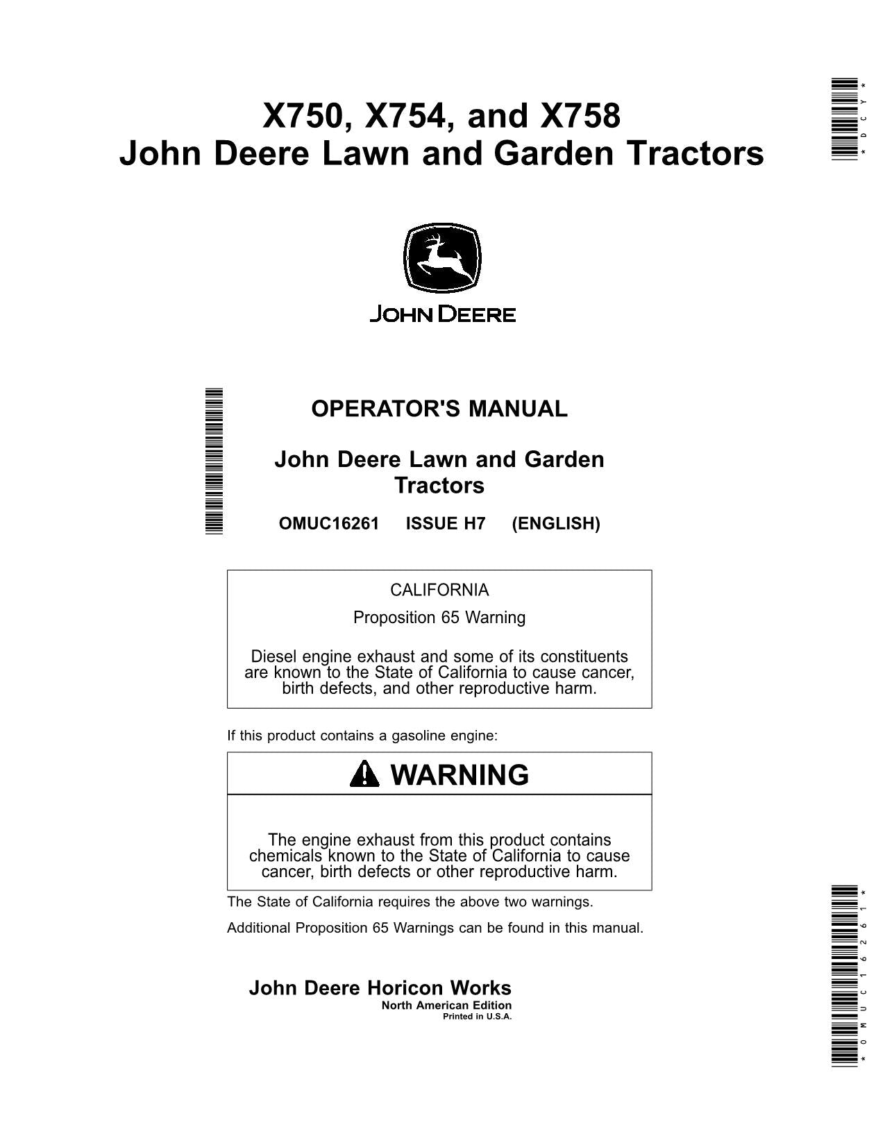 JOHN DEERE X750  X754  X758 TRACTOR OPERATORS MANUAL SER 060001-070000