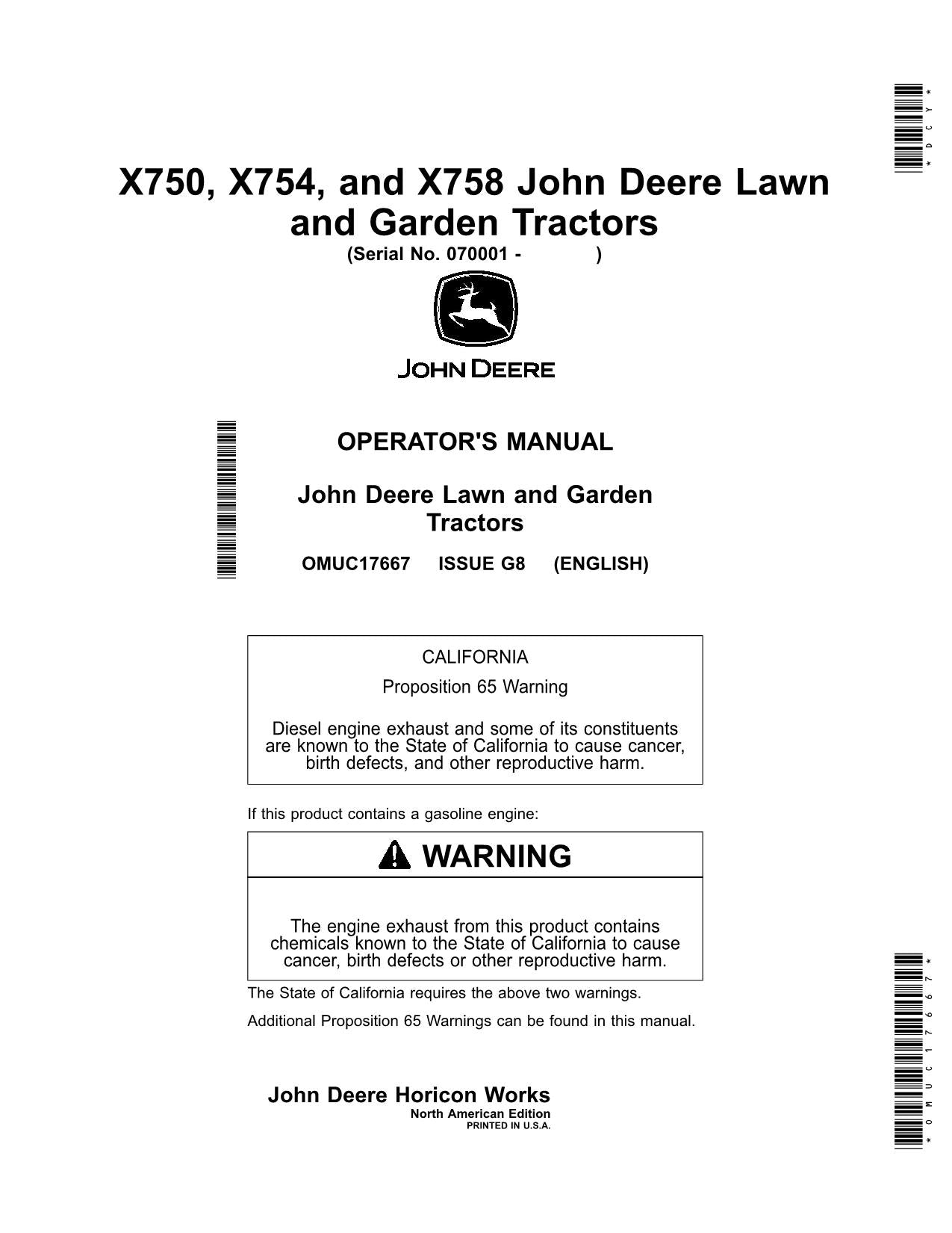 MANUEL D'UTILISATION DU TRACTEUR JOHN DEERE X750 X754 X758 SER 070001-080000