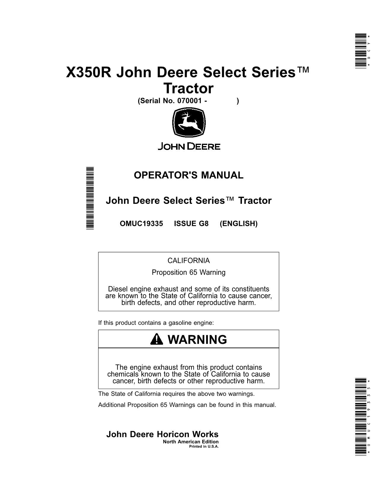 JOHN DEERE X350R TRACTOR OPERATORS MANUAL 070001 - 090000