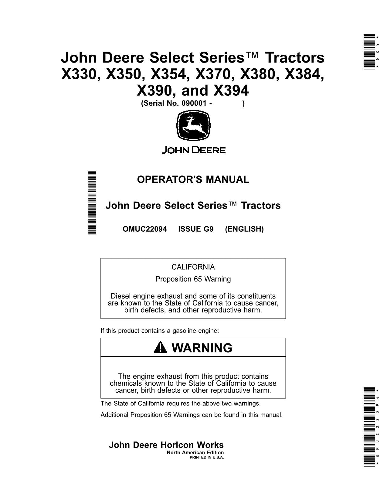 JOHN DEERE X330 X350 X354 X370 X380 TRACTOR OPERATORS MANUAL North America