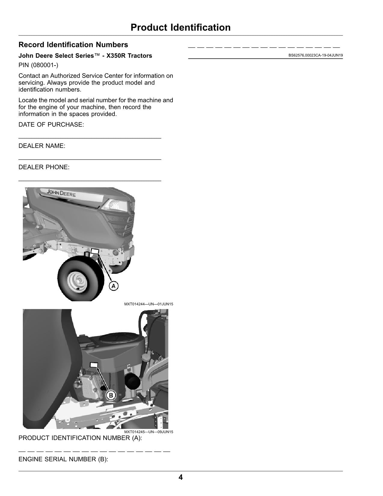 MANUEL D'UTILISATION DU TRACTEUR JOHN DEERE X350R 090001-