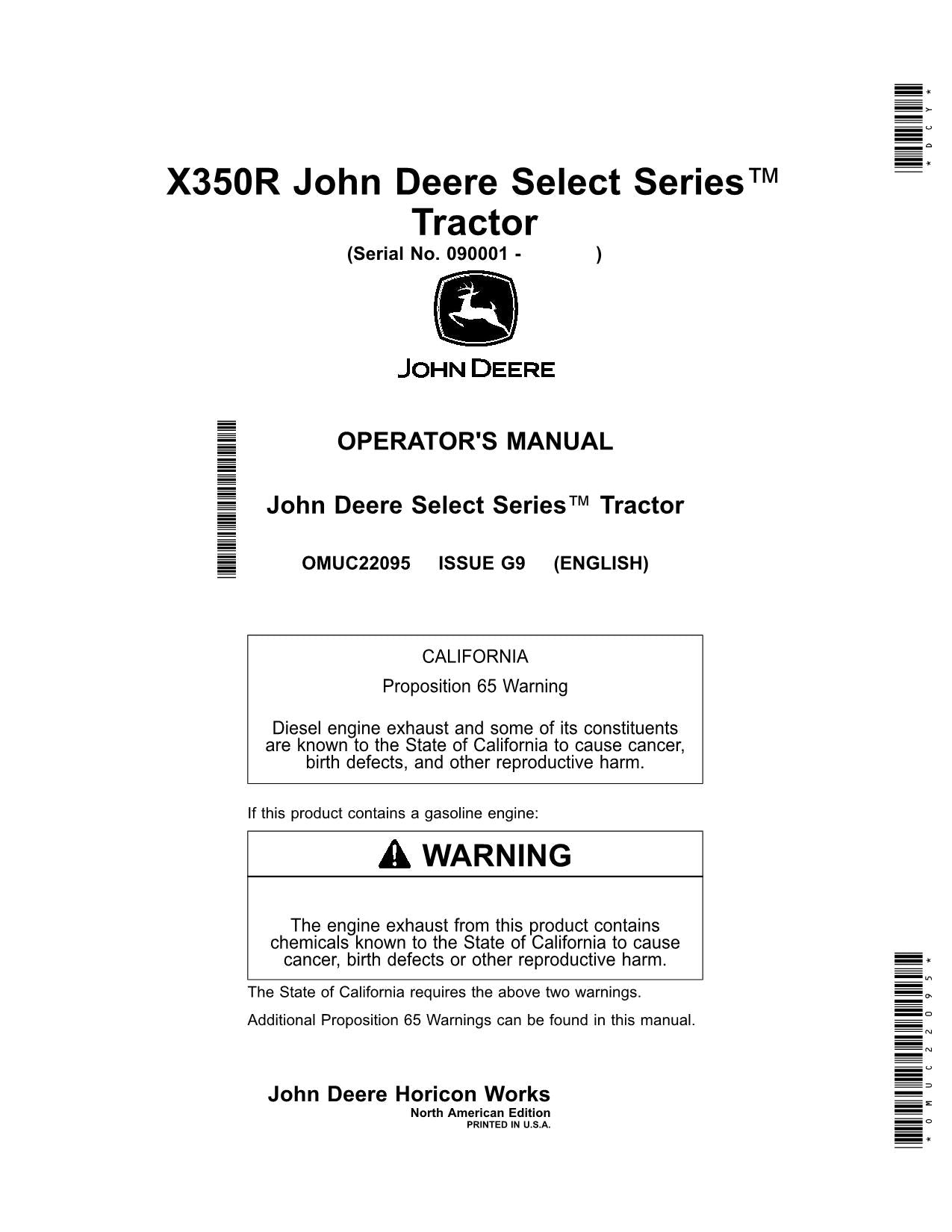 JOHN DEERE X350R TRACTOR OPERATORS MANUAL 090001-