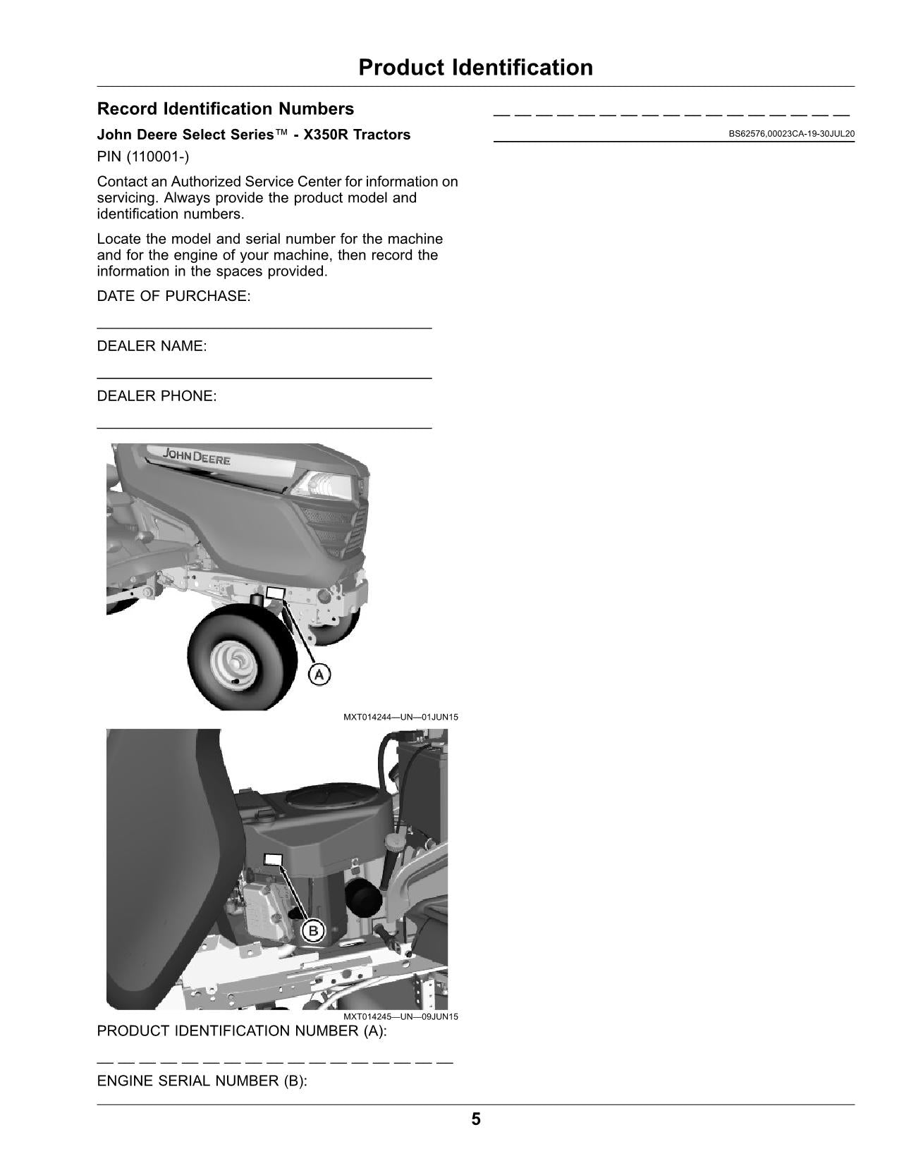 MANUEL D'UTILISATION DU TRACTEUR JOHN DEERE X350R 110001-