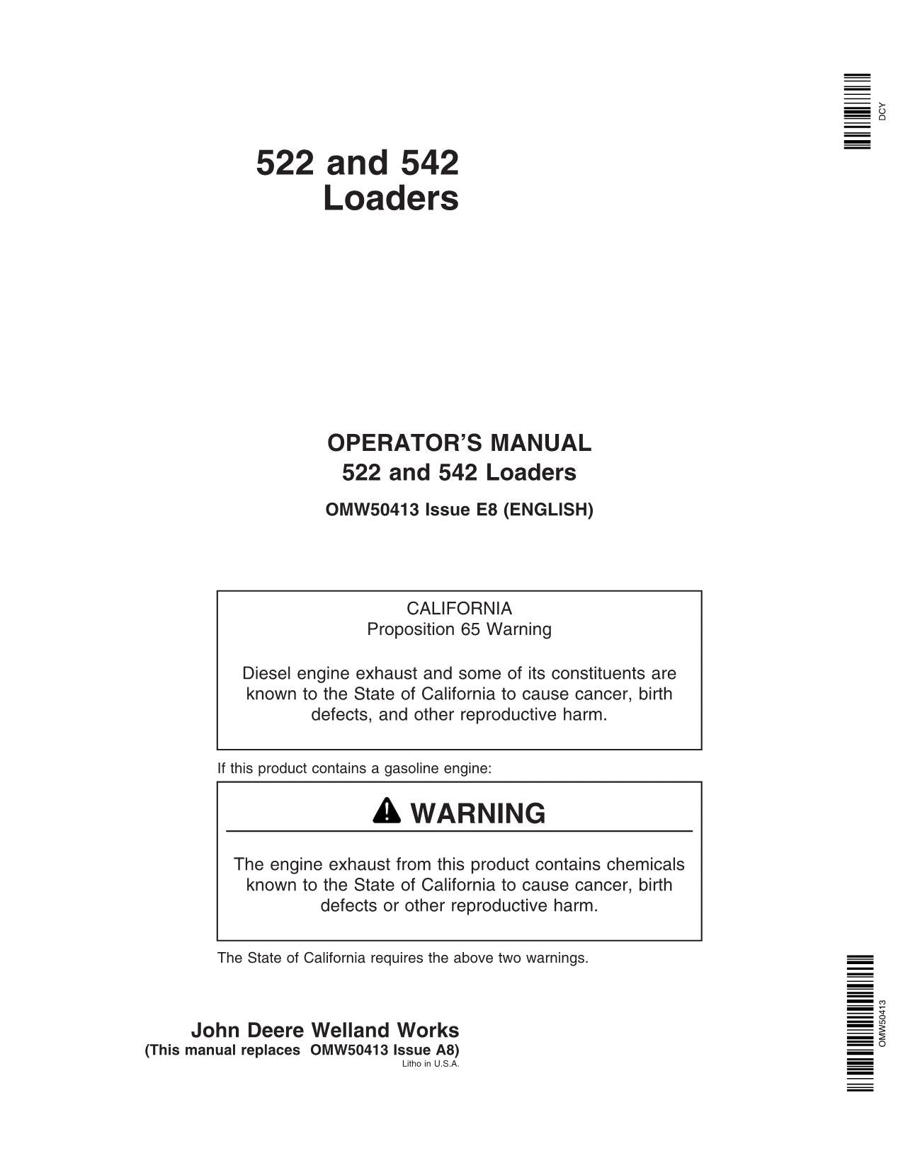 MANUEL D'UTILISATION DU CHARGEUR JOHN DEERE 522 542