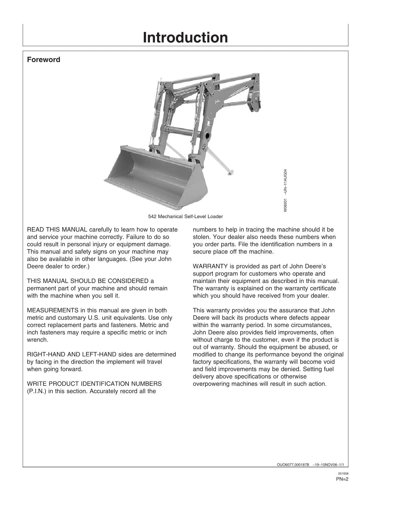 MANUEL D'UTILISATION DU CHARGEUR JOHN DEERE 522 542