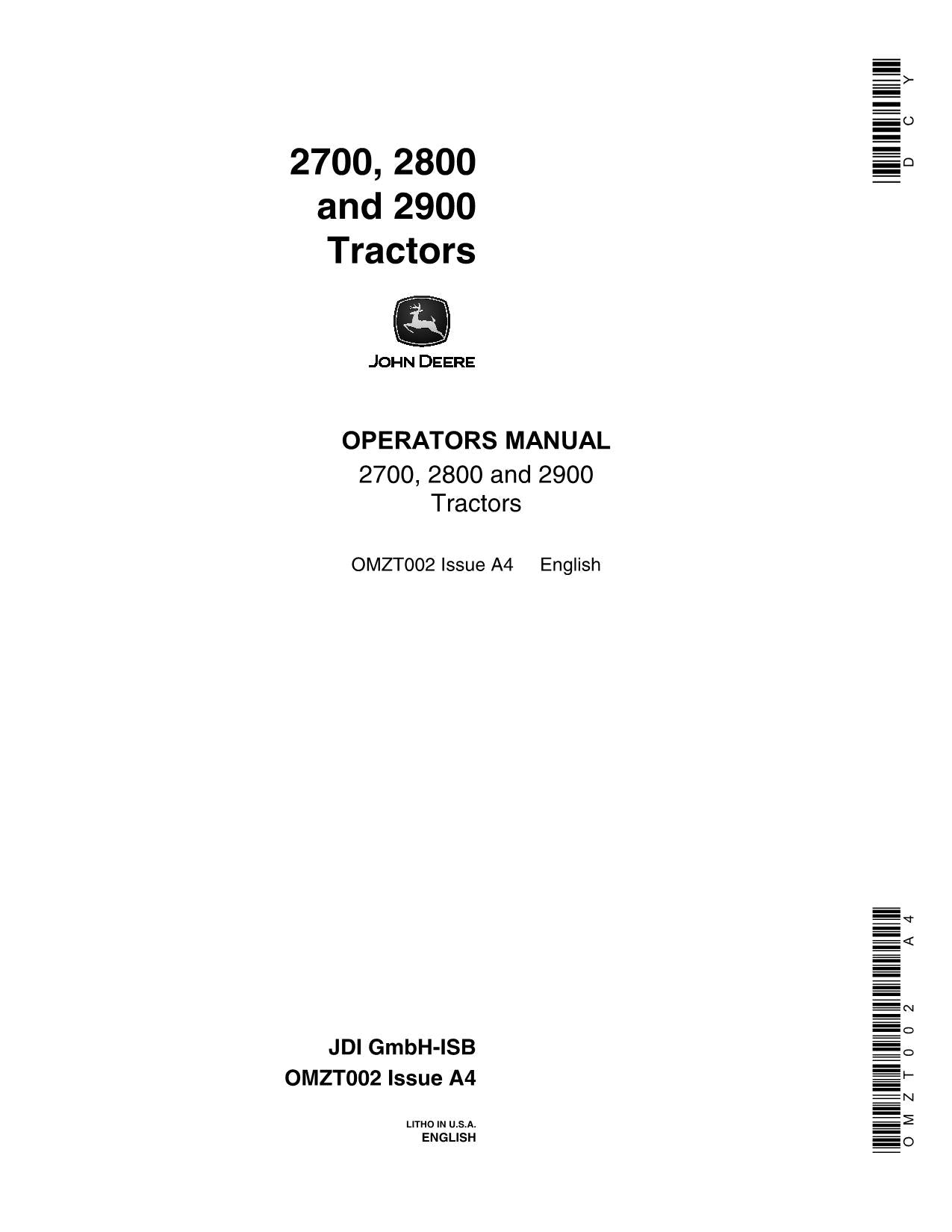 JOHN DEERE 2700 2800 2900 TRACTOR OPERATORS MANUAL