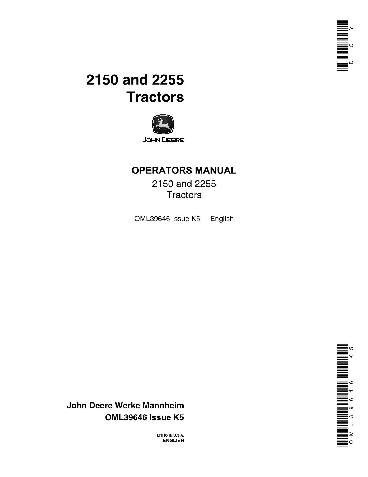 MANUEL D'UTILISATION DU TRACTEUR JOHN DEERE 2150 2255