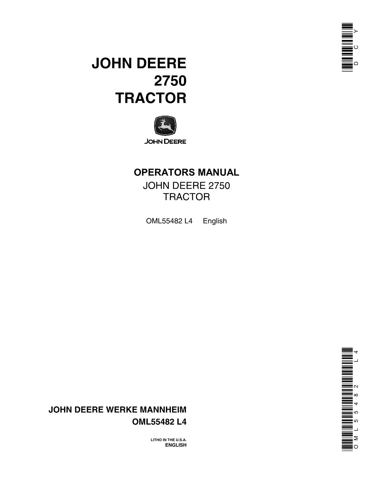 JOHN DEERE 2750 INDUSTRIAL EQUIPMENT TRACTOR OPERATORS MANUAL NORTH AMERICA