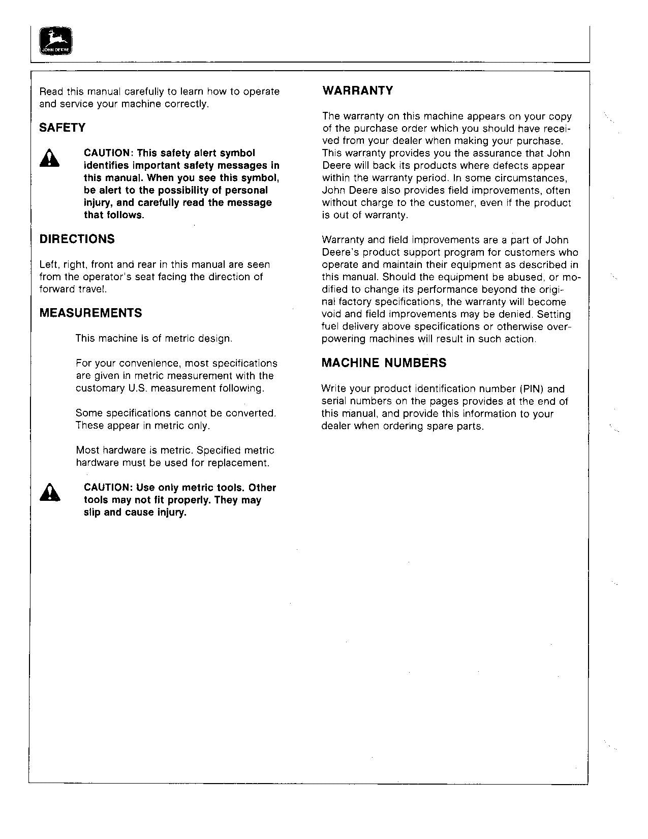 JOHN DEERE 2750 INDUSTRIAL EQUIPMENT TRACTOR OPERATORS MANUAL NORTH AMERICA