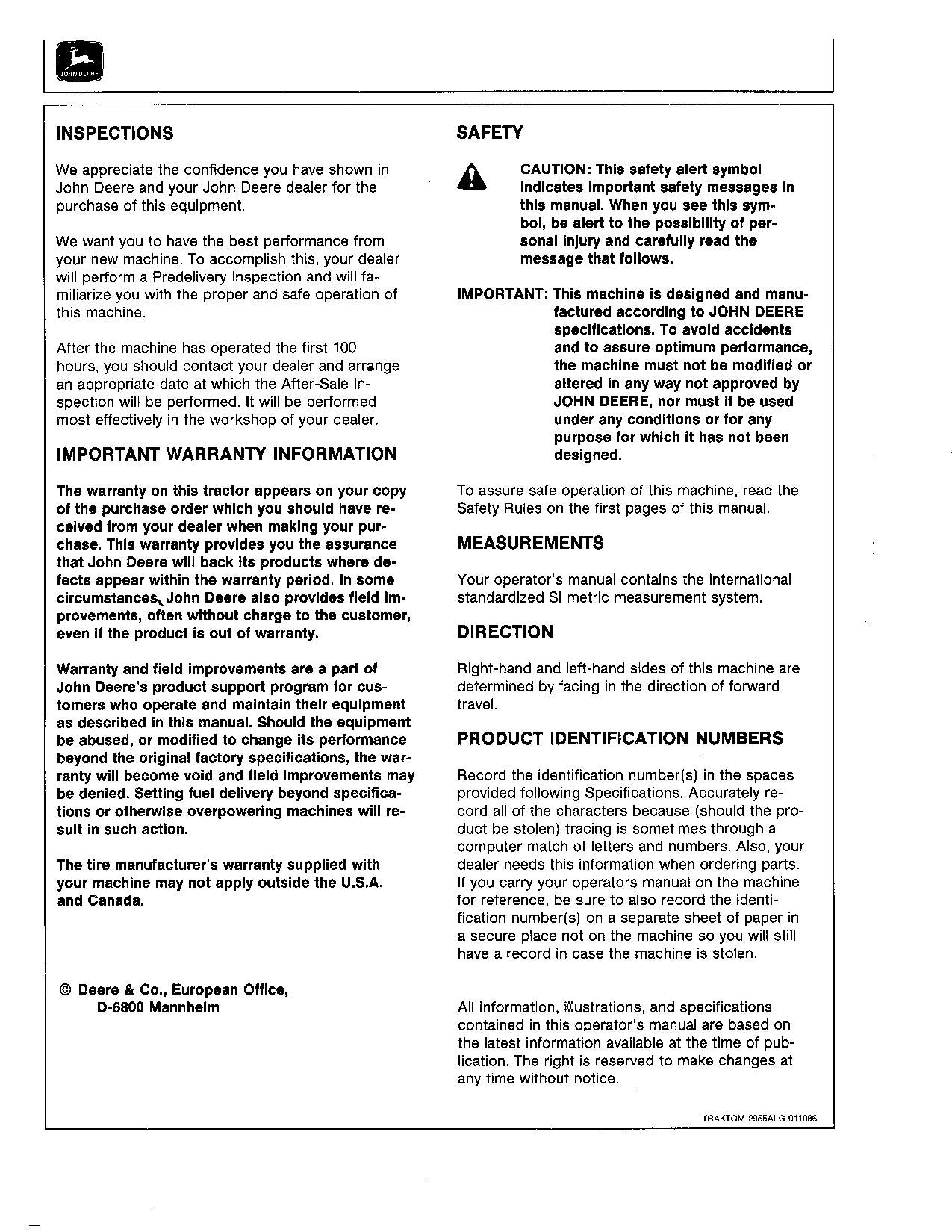 JOHN DEERE 2155 TRACTOR OPERATORS MANUAL