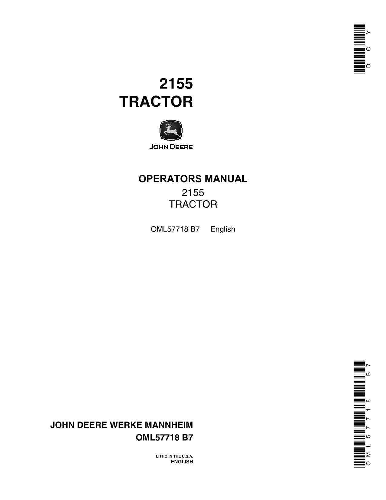 JOHN DEERE 2155 TRACTOR OPERATORS MANUAL