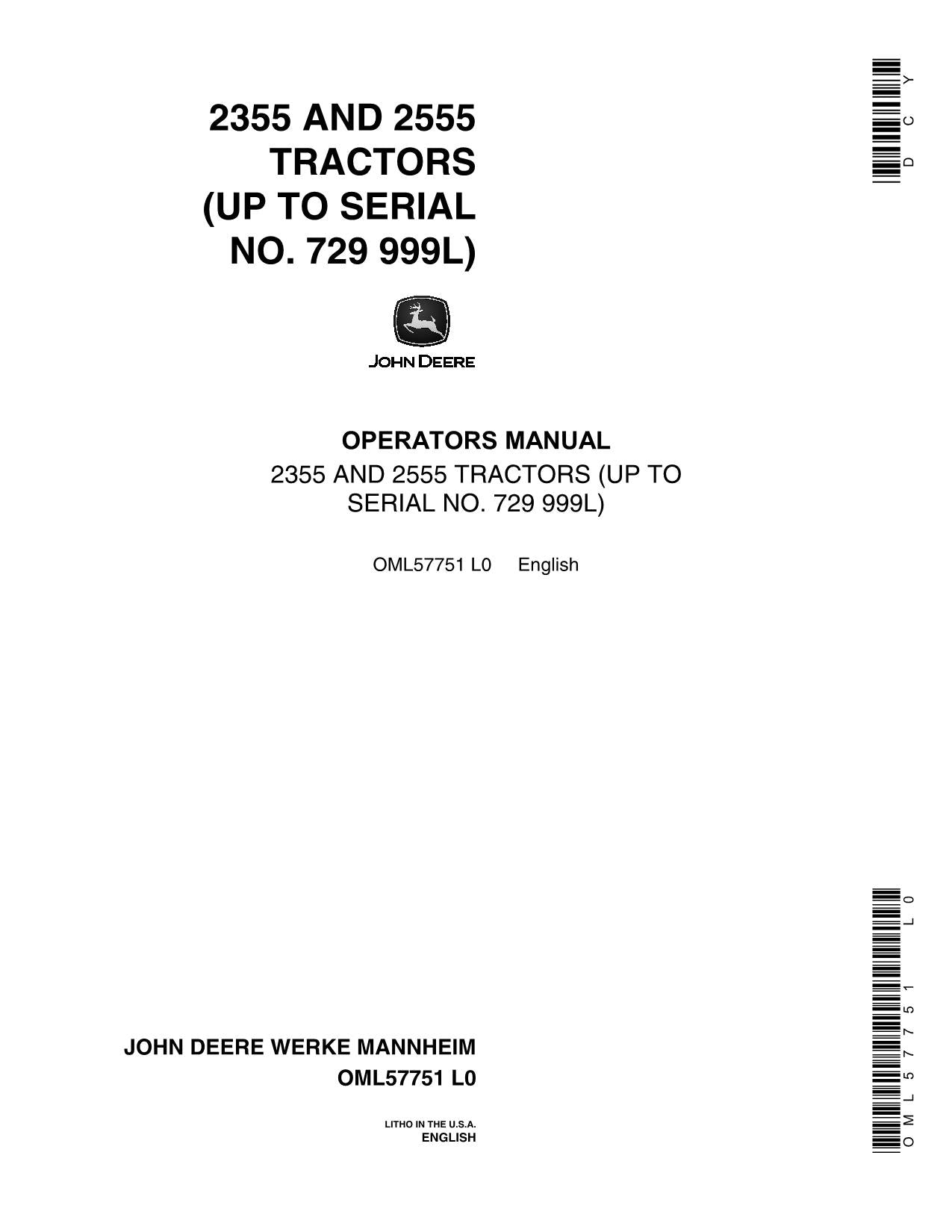 JOHN DEERE 2355 2555 TRACTOR OPERATORS MANUAL Ser -729991