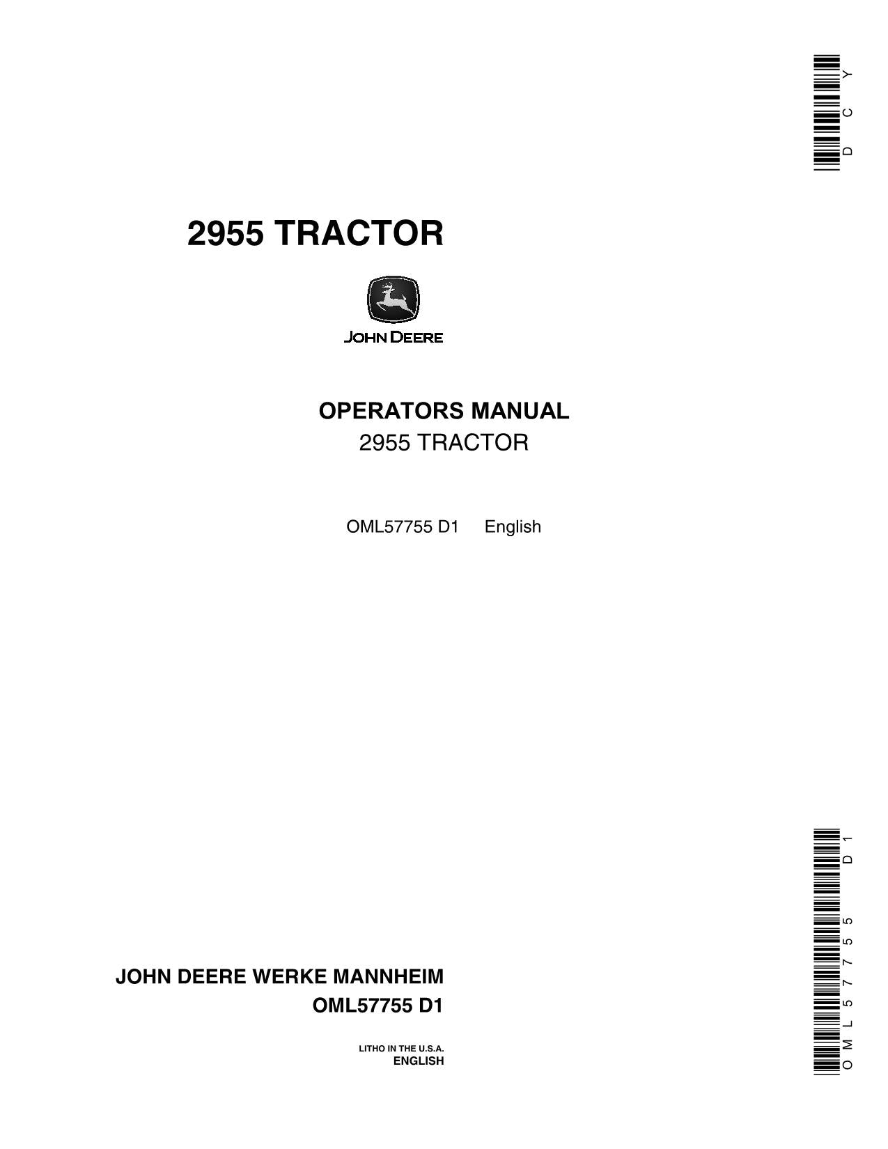 JOHN DEERE 2955 TRACTOR OPERATORS MANUAL 0-739999