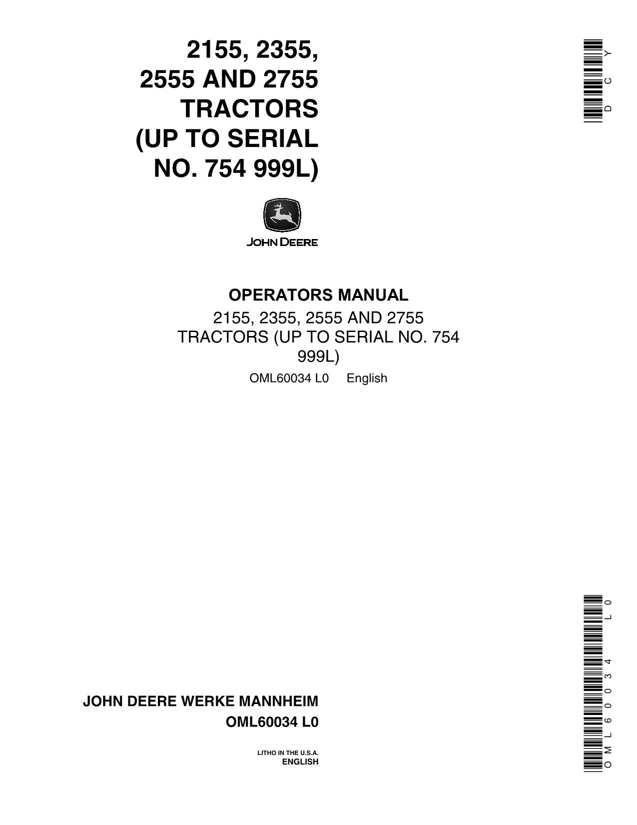 JOHN DEERE 2155 2355 2555 2755 TRACTOR OPERATORS MANUAL