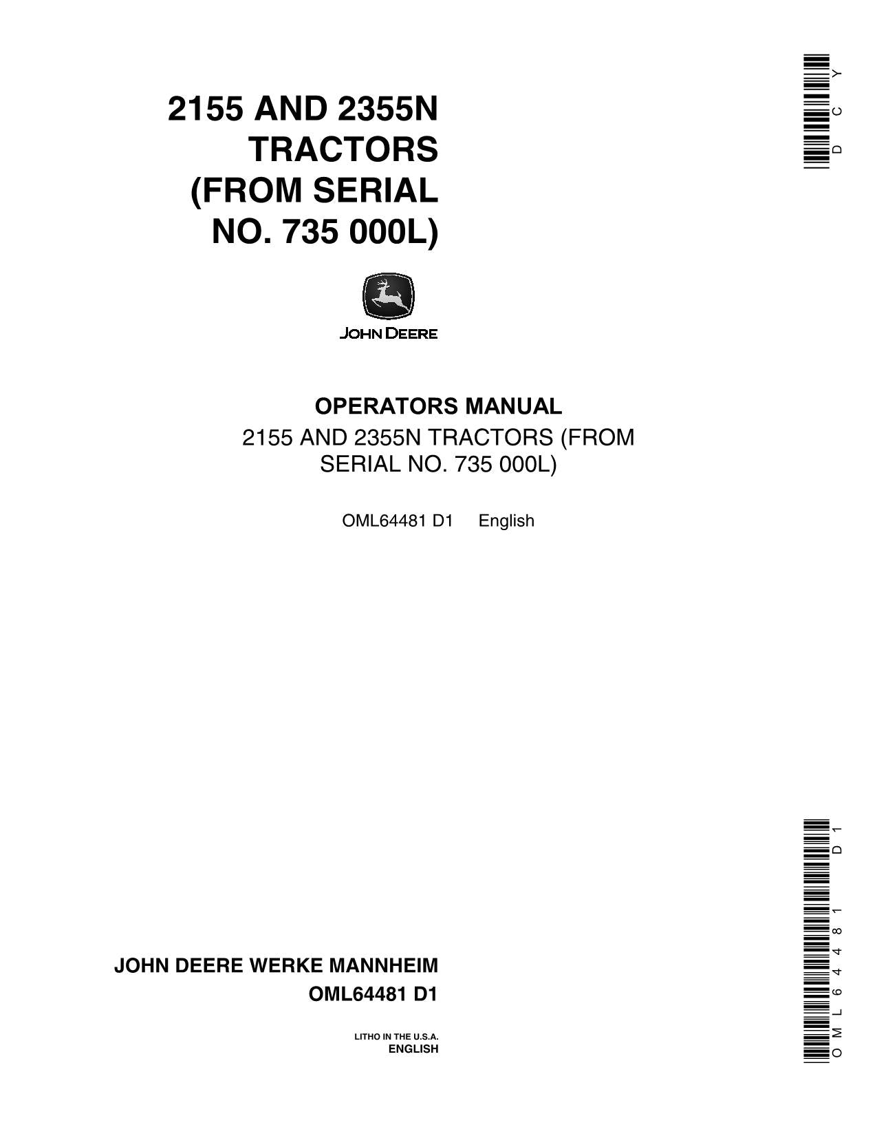 JOHN DEERE 2155 2355N TRACTOR OPERATORS MANUAL 735000L-