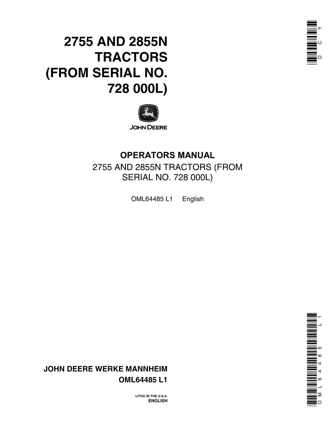 JOHN DEERE 2855N 2755 TRACTOR OPERATORS MANUAL 728000-