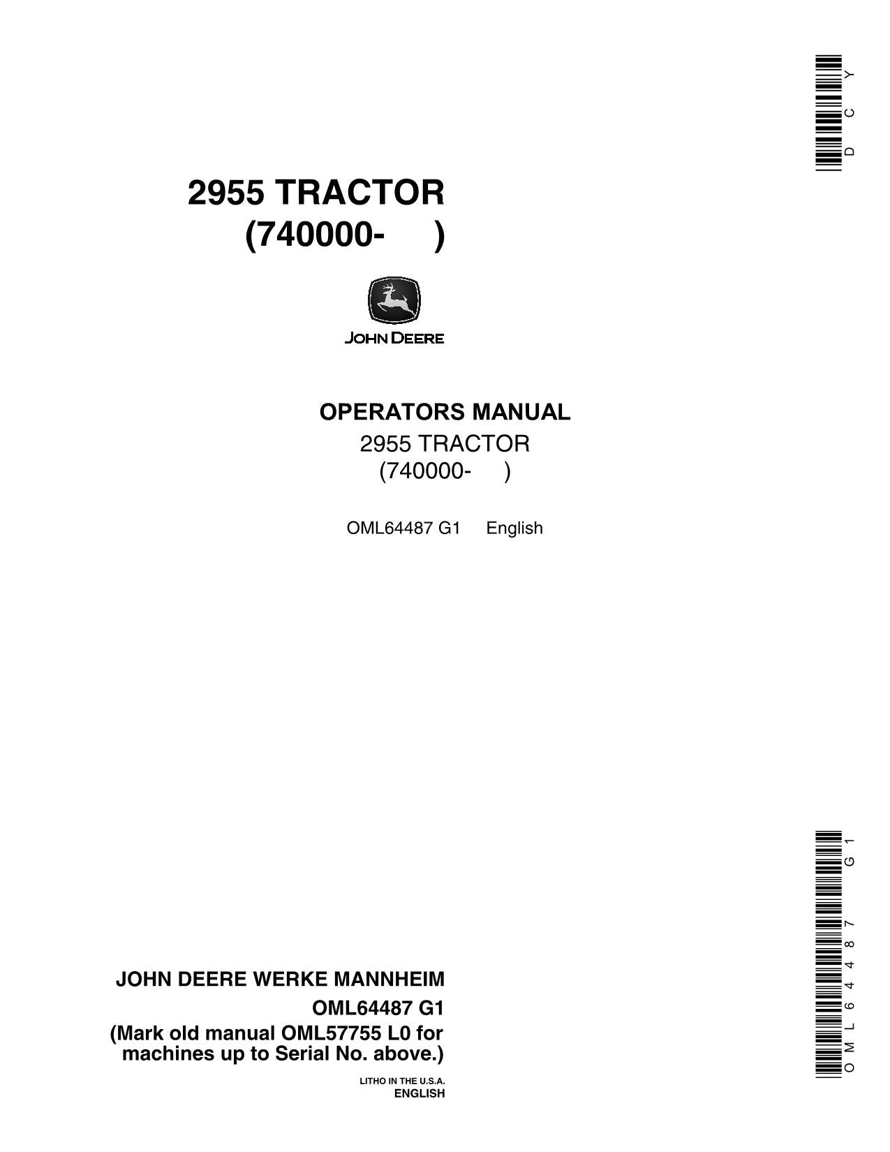 JOHN DEERE 2955 TRACTOR OPERATORS MANUAL 740000-