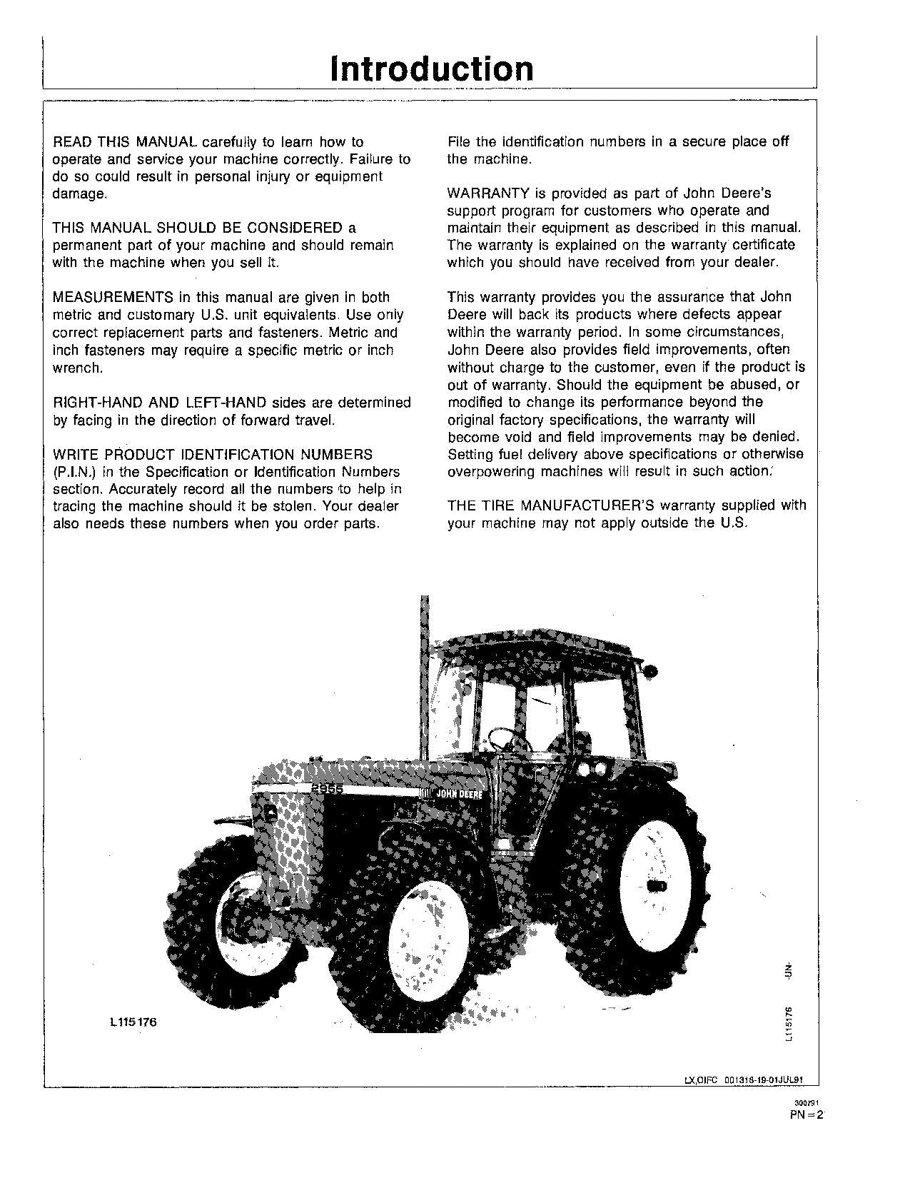 JOHN DEERE 2955 TRACTOR OPERATORS MANUAL 740000-