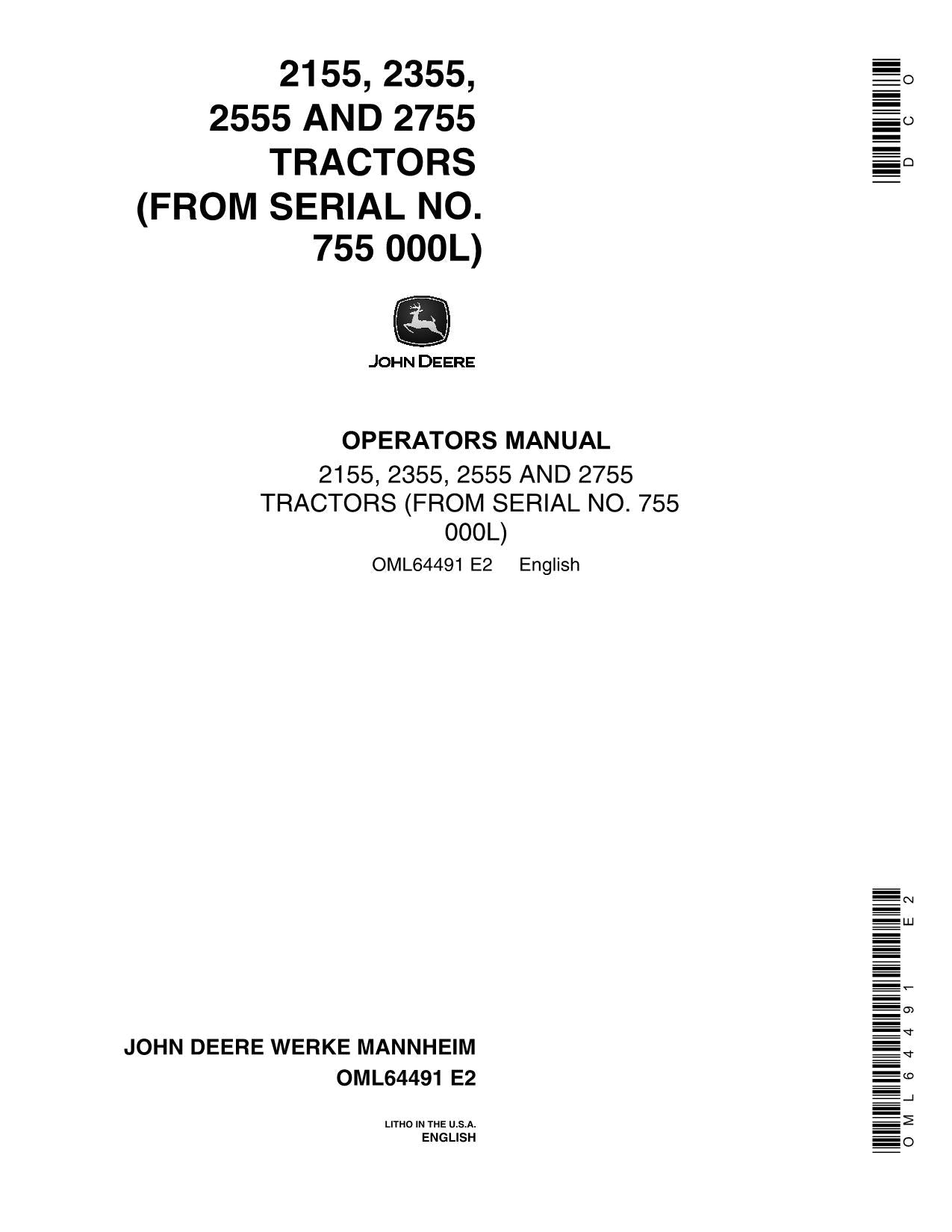 JOHN DEERE 2155 2355 2555 TRAKTOR-BETRIEBSHANDBUCH