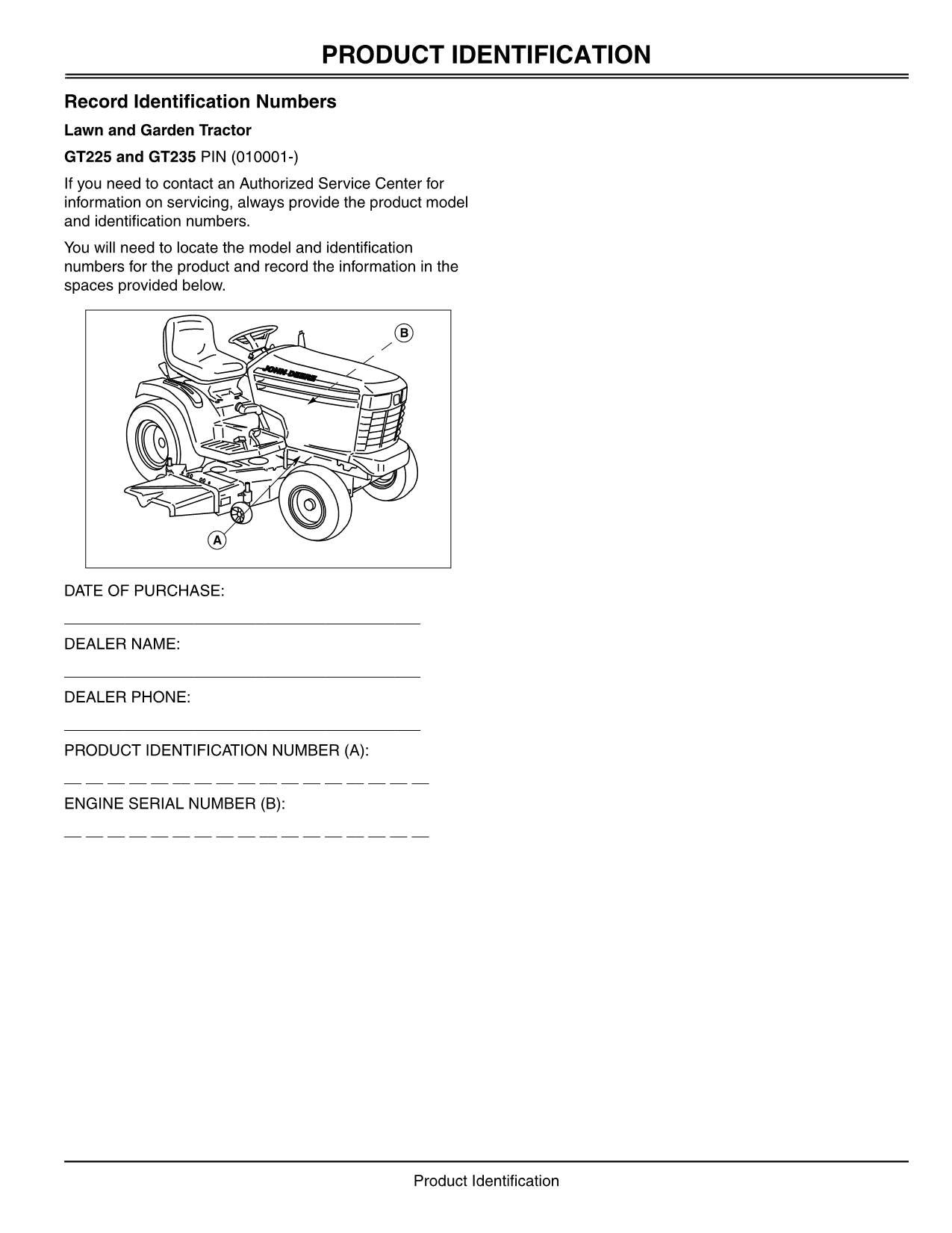 MANUEL D'UTILISATION DU TRACTEUR JOHN DEERE GT235 GT225