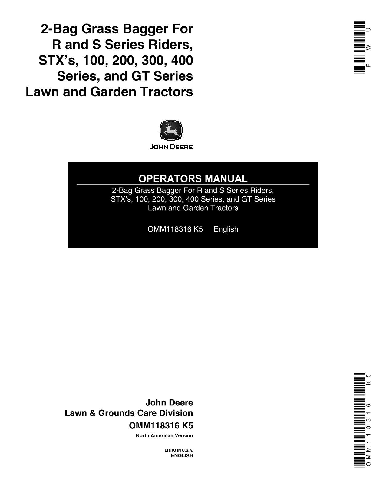 JOHN DEERE 2-BAG R72 111H 112H R70 R92 S80 S82 S92 TRACTOR OPERATORS MANUAL