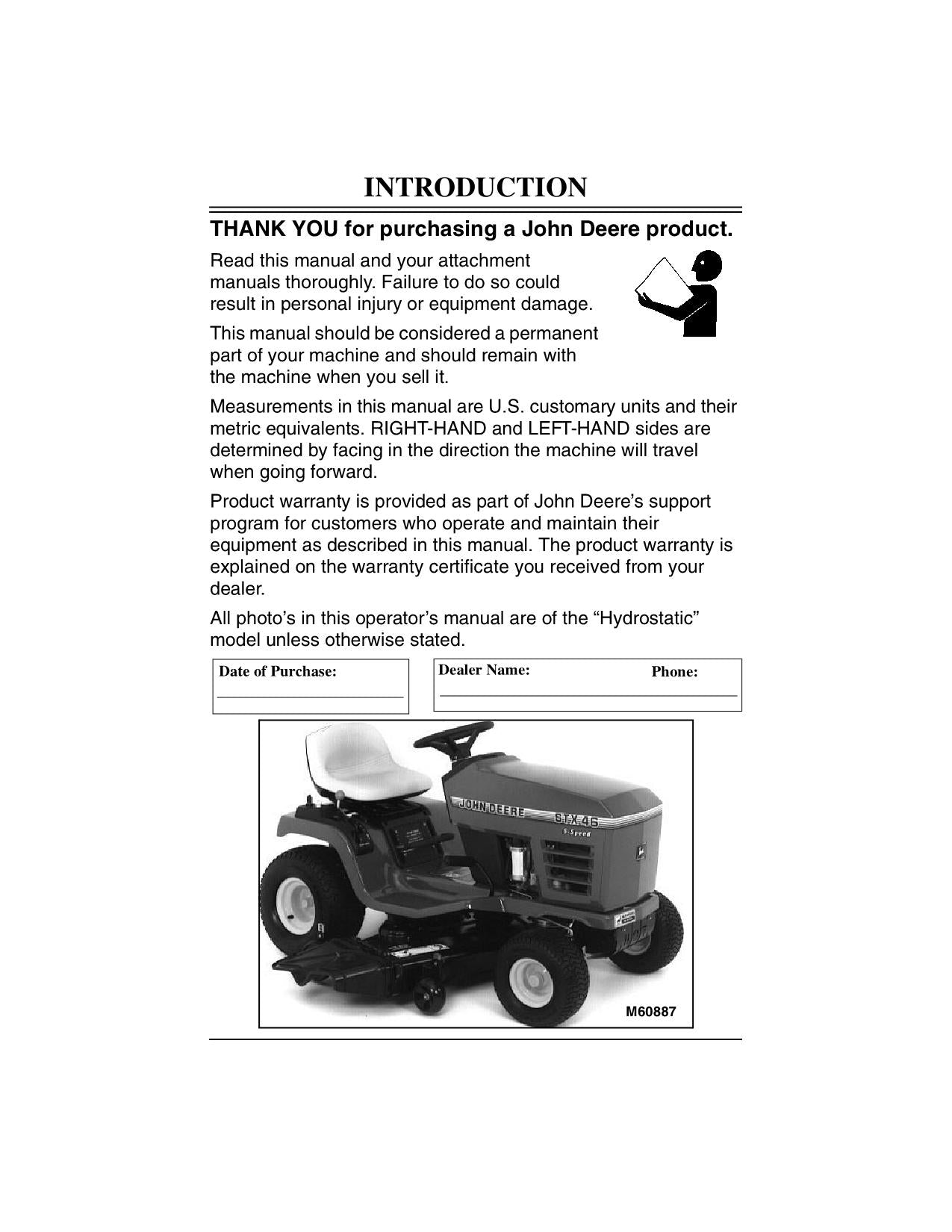 JOHN DEERE STX38 STX46 TRACTOR OPERATORS MANUAL 210001-270000