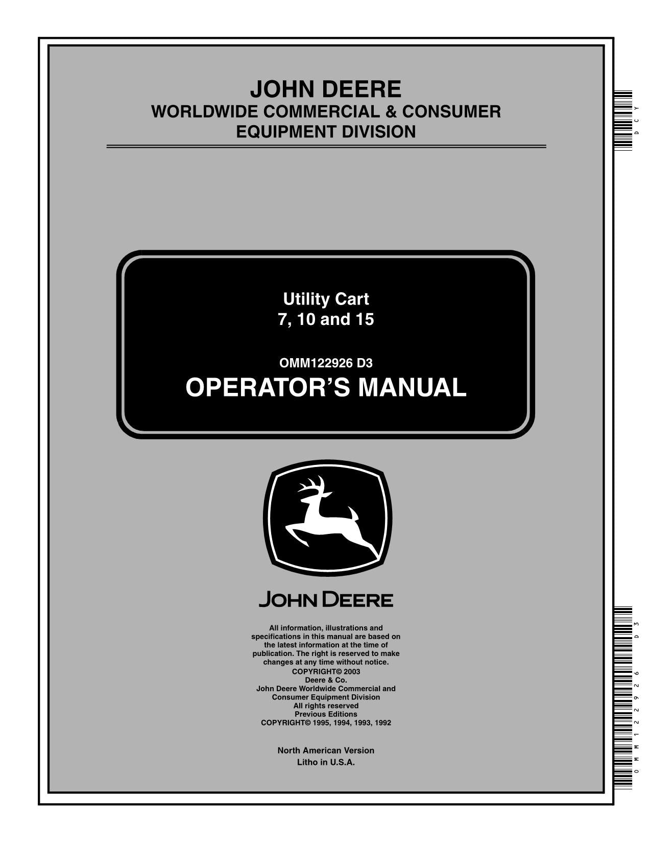 JOHN DEERE 10 15 7 LTR180 GX325 GX335 GX345 GX355 TRACTOR OPERATORS MANUAL