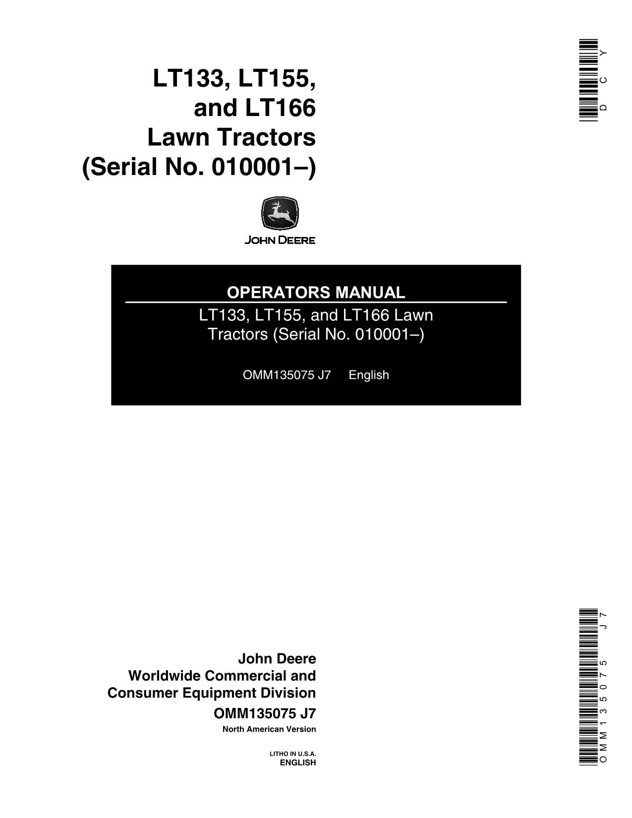 JOHN DEERE LT133 LT155 LT166 TRACTOR OPERATORS MANUAL 010001-045000