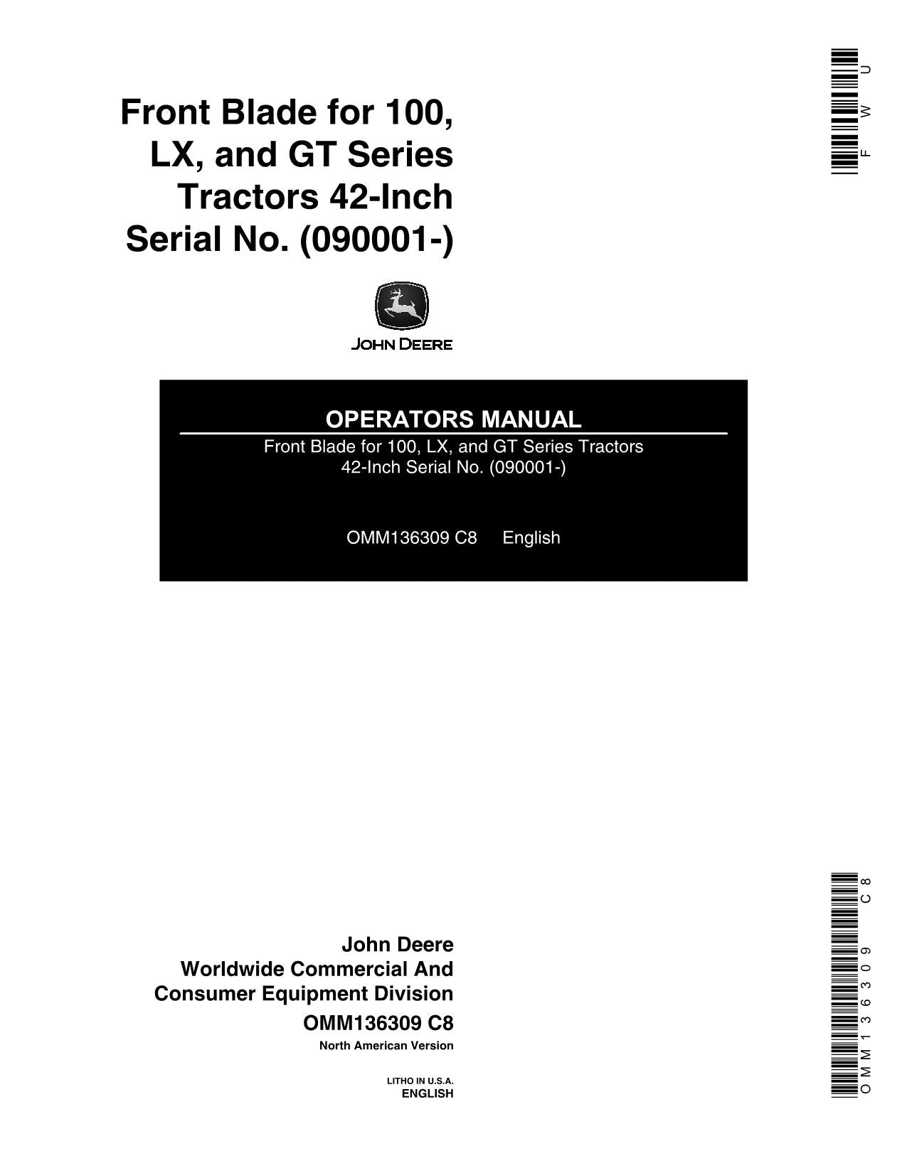 JOHN DEERE 111H 42 INCH 112H LX173 LX176 LX178  TRACTOR OPERATORS MANUAL