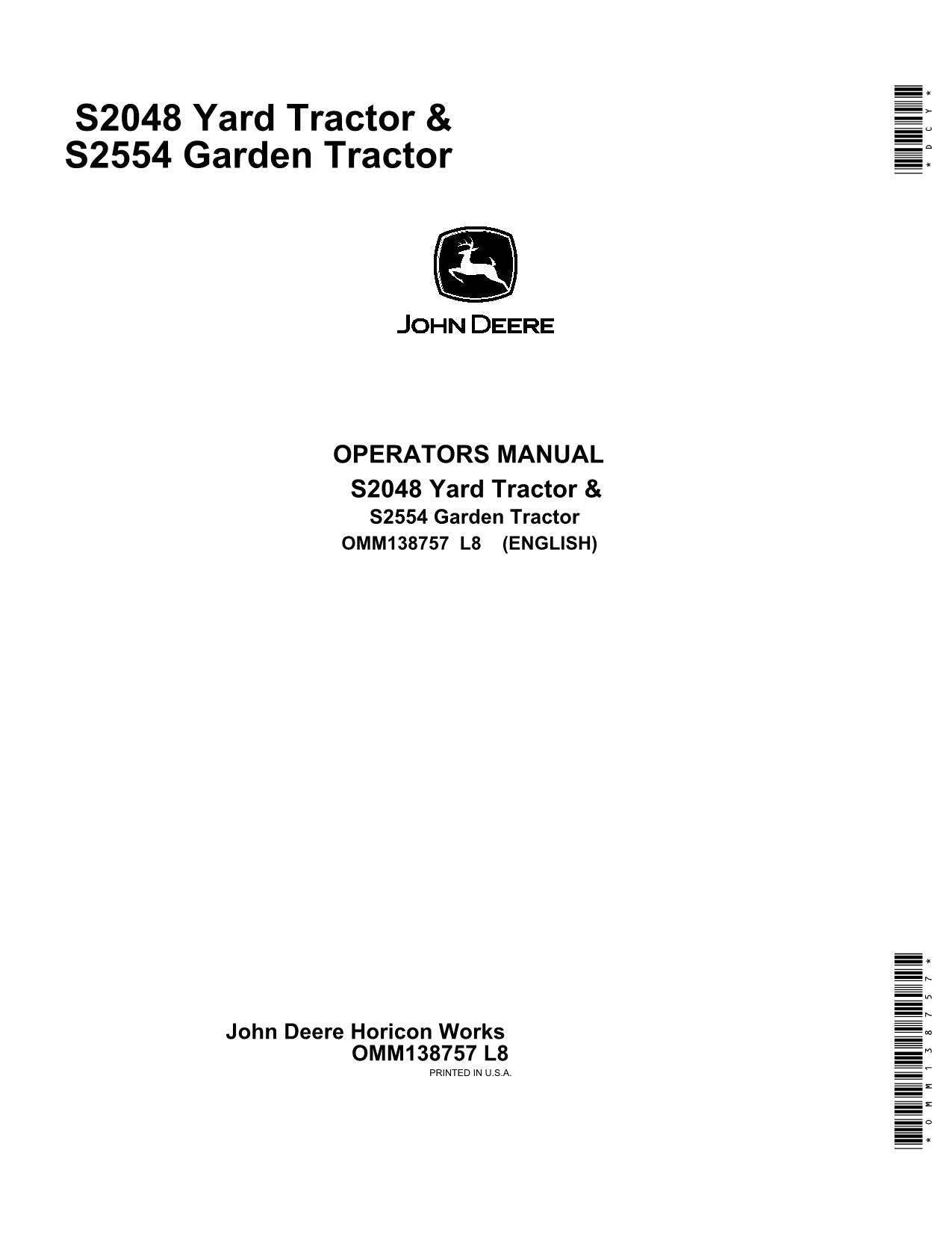 MANUEL D'UTILISATION DU TRACTEUR JOHN DEERE S2048 SCOTTS S2554