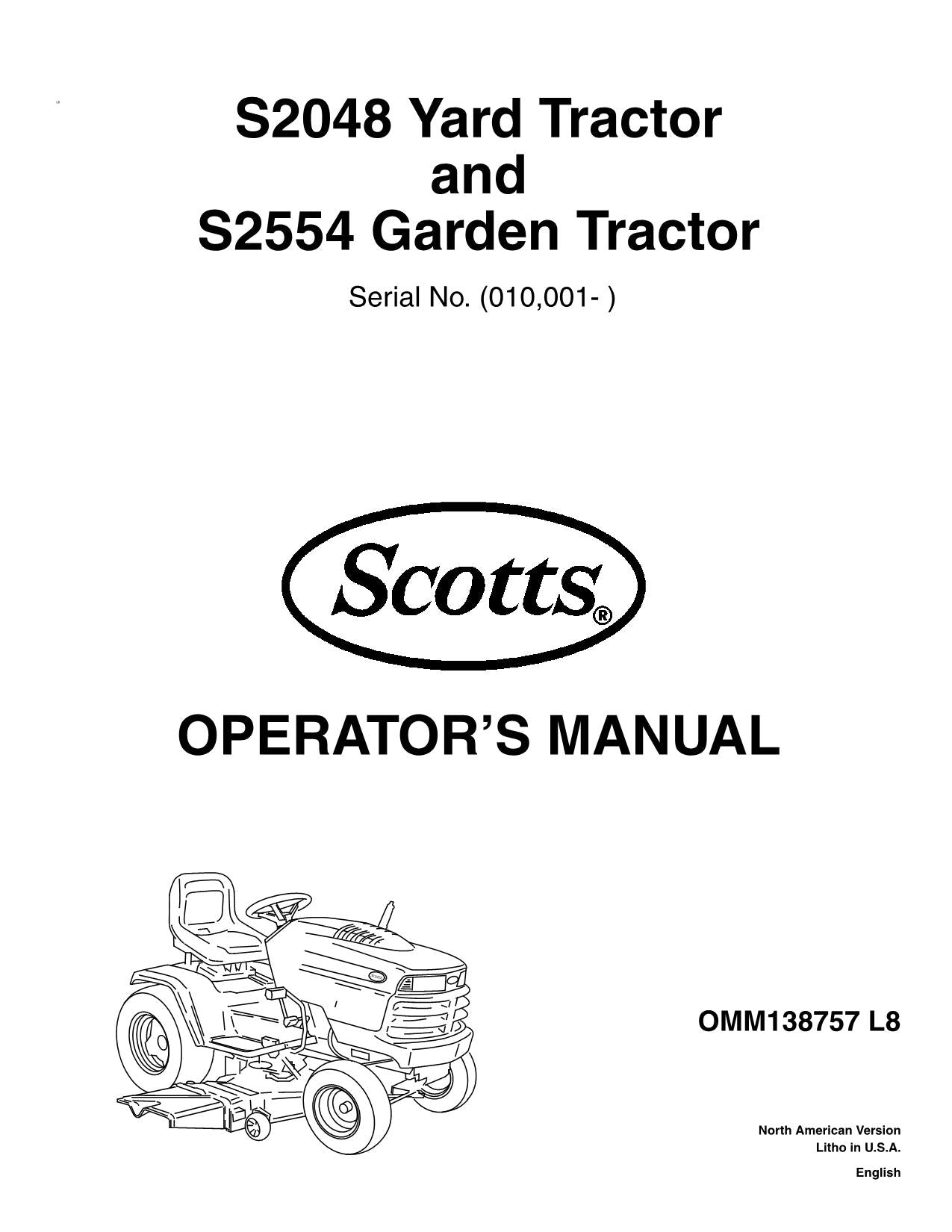 MANUEL D'UTILISATION DU TRACTEUR JOHN DEERE S2048 SCOTTS S2554