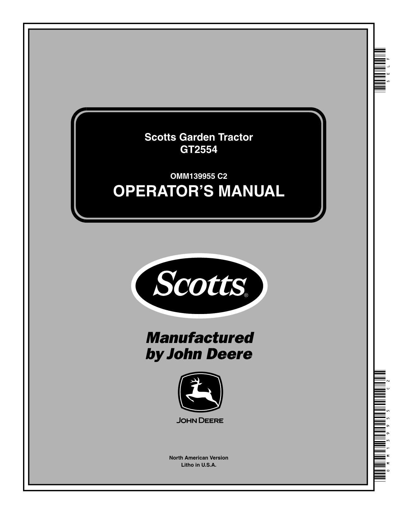 JOHN DEERE SCOTTS GT2554 TRACTOR OPERATORS MANUAL