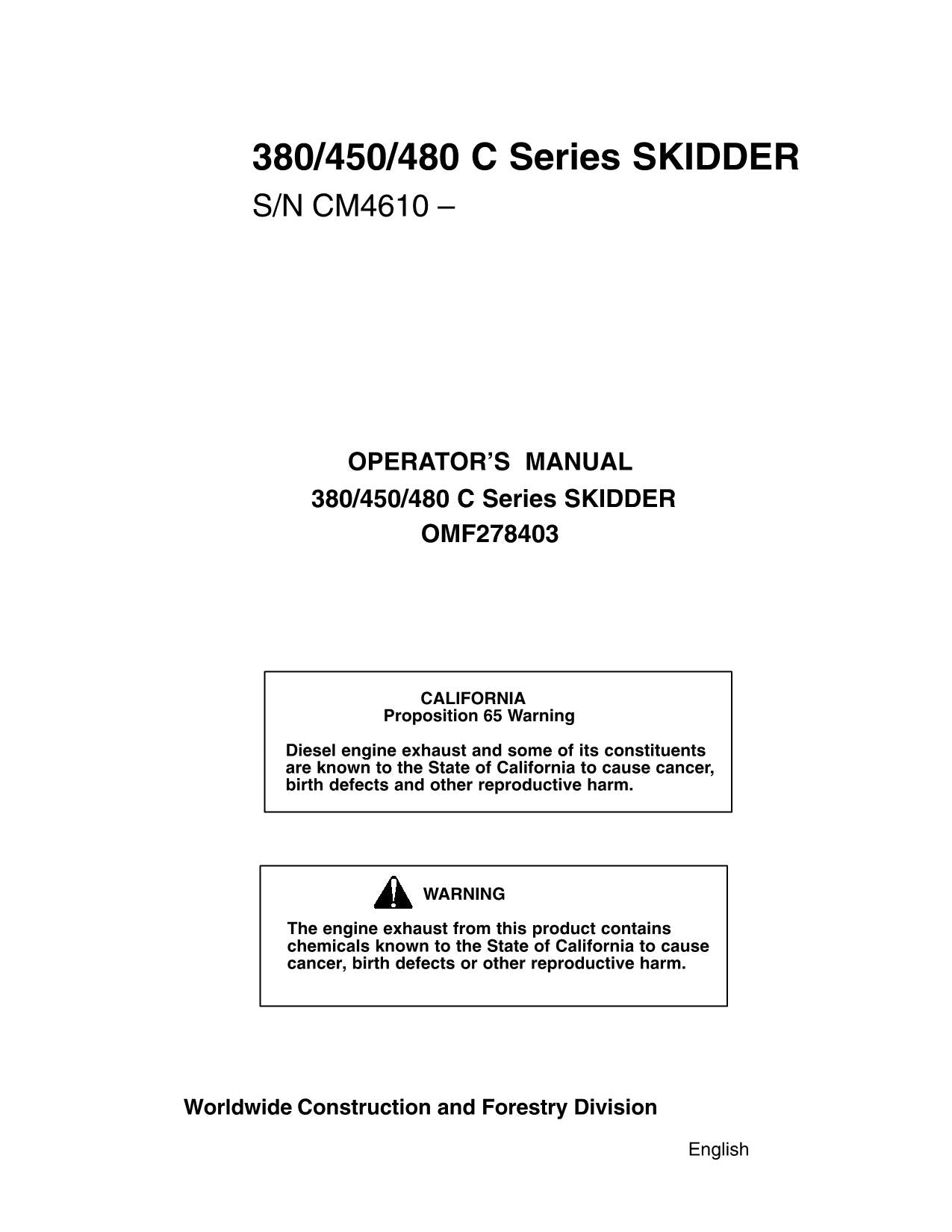 JOHN DEERE 480C 450C 380C SKIDDER OPERATORS MANUAL