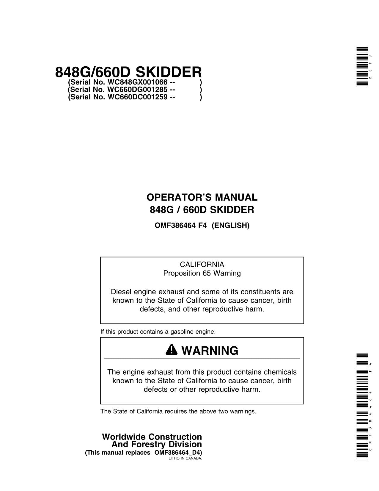 JOHN DEERE 848G 660D SKIDDER OPERATORS MANUAL